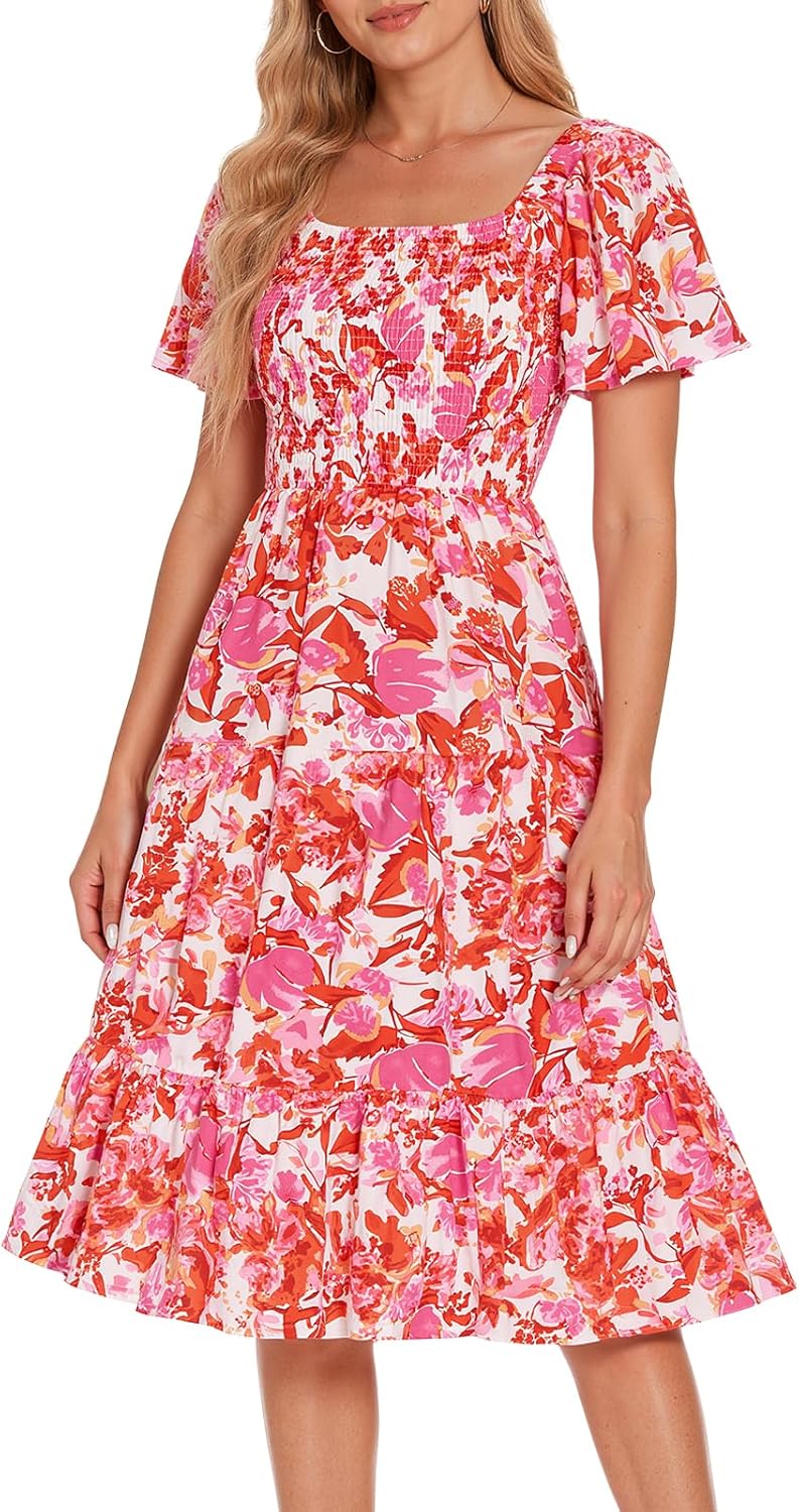 Bbonlinedress Womens Casual Floral Summer Smocked Beach Party Boho Midi Square Neck Dress