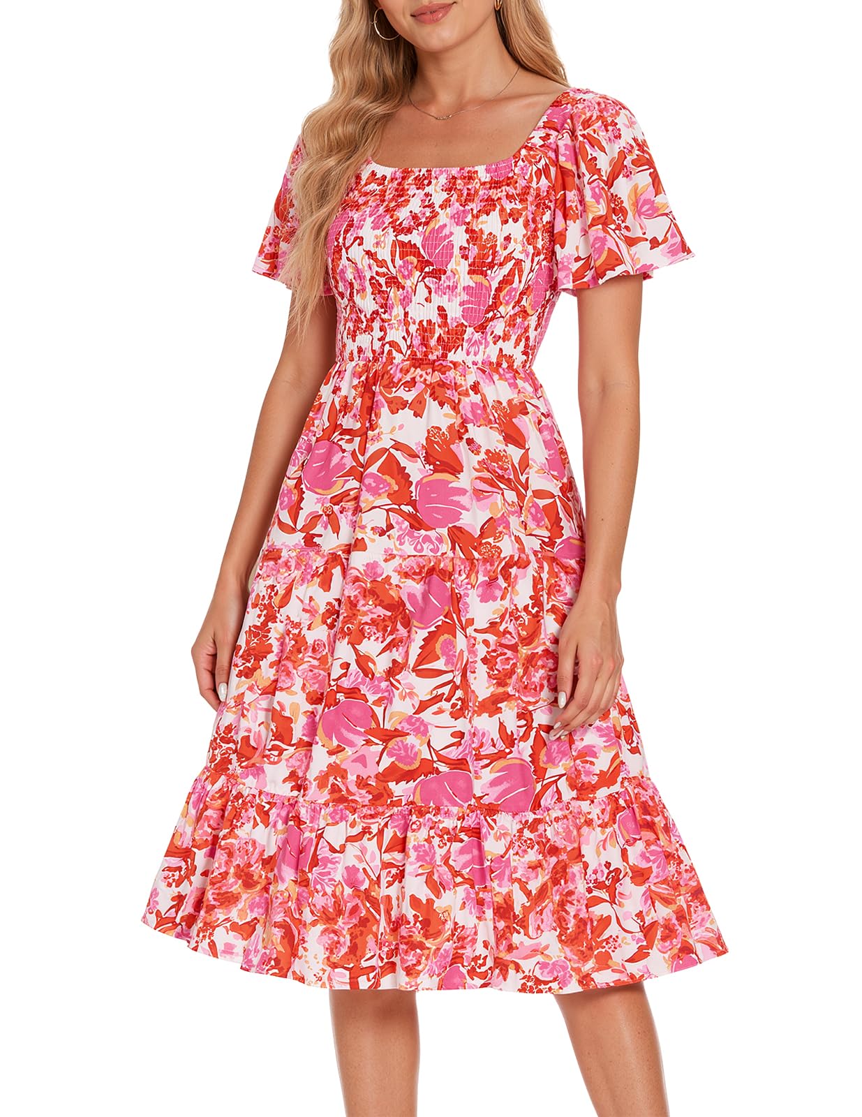 Bbonlinedress Womens Casual Floral Summer Smocked Beach Party Boho Midi Square Neck Dress