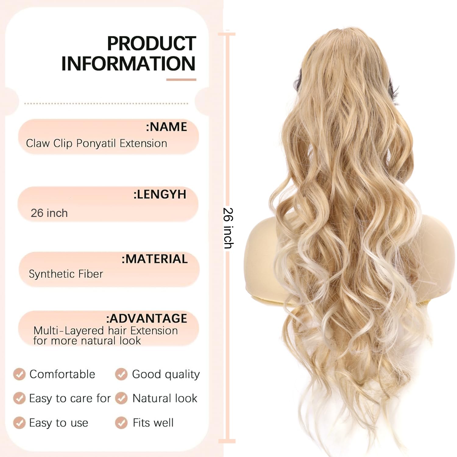 YEESHEDO Long Wavy Ponytail Hair Extension for Women Drawstring Ponytail Hair Extensions Clip in Curly Synthetic Hairpiece (Blonde mix Platinum) - Image 3