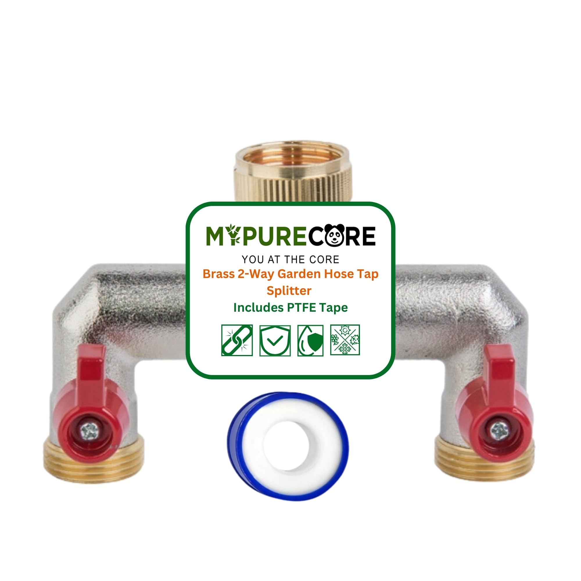 B&Q -  Brass 2-Way Garden Hose Tap Splitter With Ptfe Tape  Durable Three-Quarts" Outdoor Tap Connector With Individual Valves