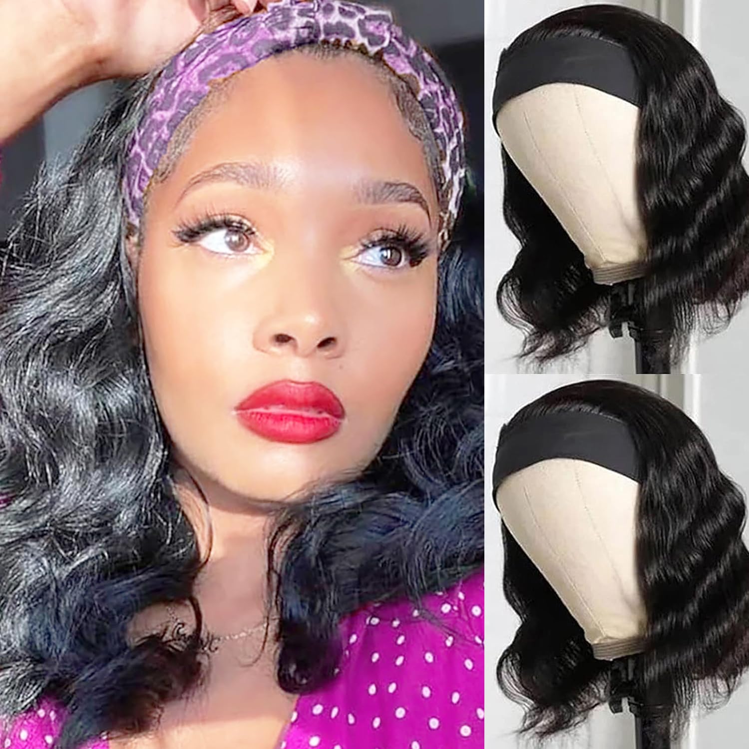 JCLHeadband Wig Human Hair Body Wave Headband Wigs Human Hair Wig 14 Inch Glueless Wigs Human Hair Curly Human Hair Wigs for Black Women Human Hair Natural Color None Lace Front Wigs Human Hair