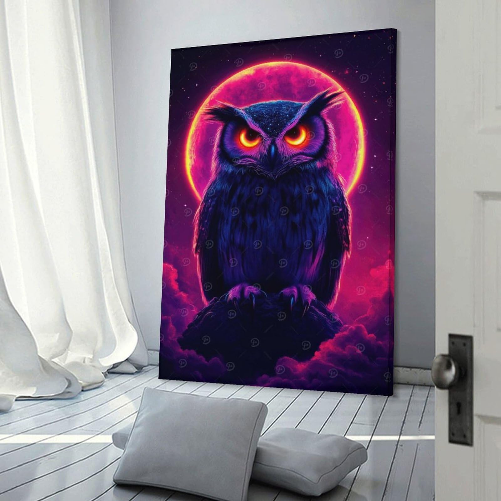 Junmoney Neon Owl Under Full Moon Wall Picture Print 12x18inch(30x45cm), for Apartment Walls, Studios Or Work Areas, A Simple Refresh for Blank Walls