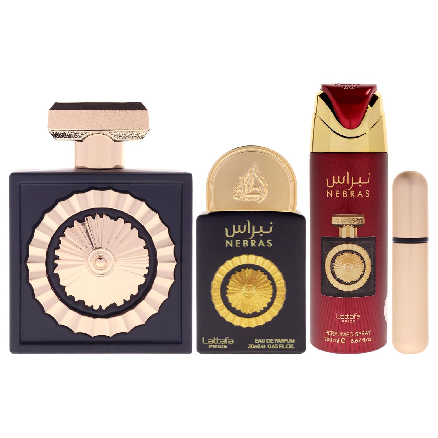 Lattafa Pride Nebras – Fruity, Sweet, Vanilla, Amber – 3-Piece Gift Set for Unisex (3.4 Ounce Eau de Parfum Spray + 0.65 Ounce Eau de Parfum Spray + 6.67 Ounce Deodorant Spray)