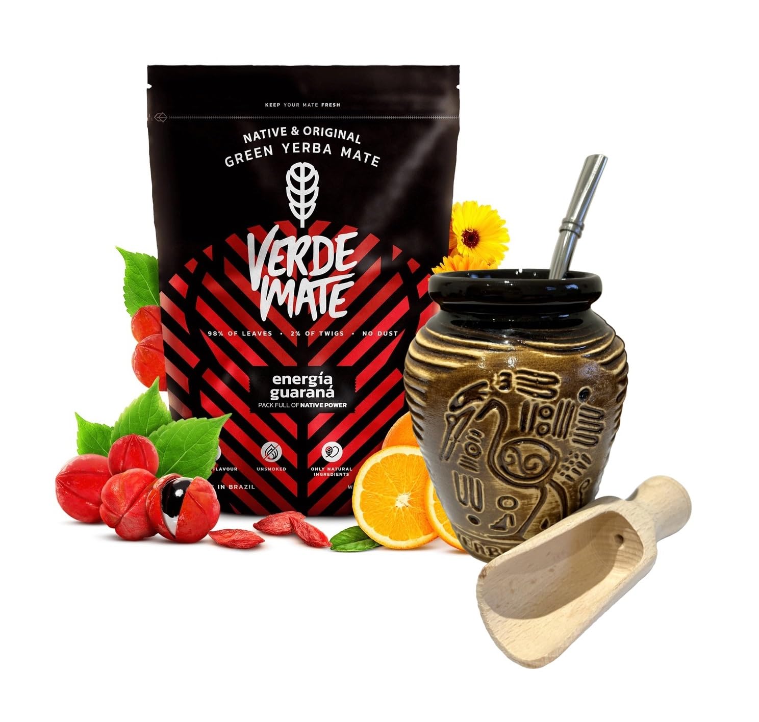 Verde Mate Energy Guarana Yerba Mate Tea Set | Natural Strong Energy Drink | Mate Tea Complete Set | Begginer's Kit | Yerba Mate Guarana Booster 500g|Ceramic Bird Cup Gourd 300ml|Stainless Bombilla