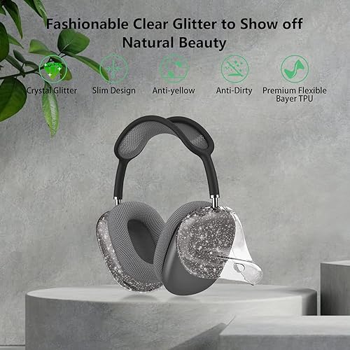 Miniatura 2 de Aircawin Funda para AirPods Max, funda transparente con purpurina negra, funda transparente para Airpods Max, funda protectora de TPU suave,