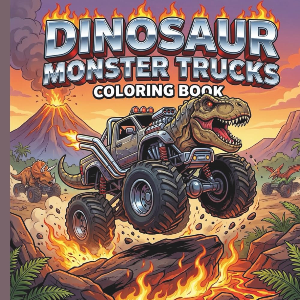 Dinosaur Monster Truck Coloring Book: Roaring Dino Vehicle Activity Pages, Boys & Girls Fun, Prehistoric Monster Truck Adventures