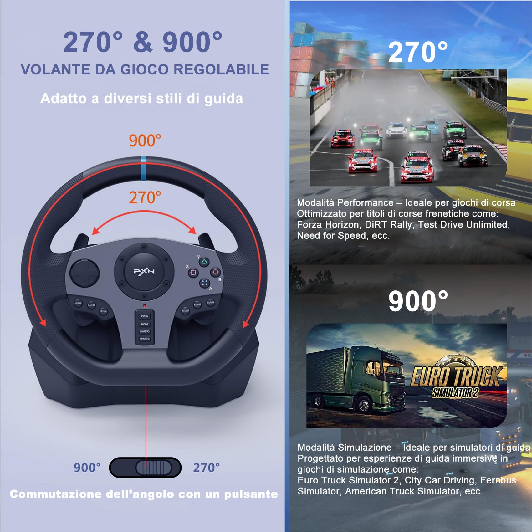 PXN V9 Volante con Pedali e Leva di Cambio - Volante da Corsa 270/900°, 3-Pedali, Cambio ad H, Cambio a Palette, Feedback di Vibrazione, Tool App, Volante per PC, PS3, PS4 e Xbox - 5
