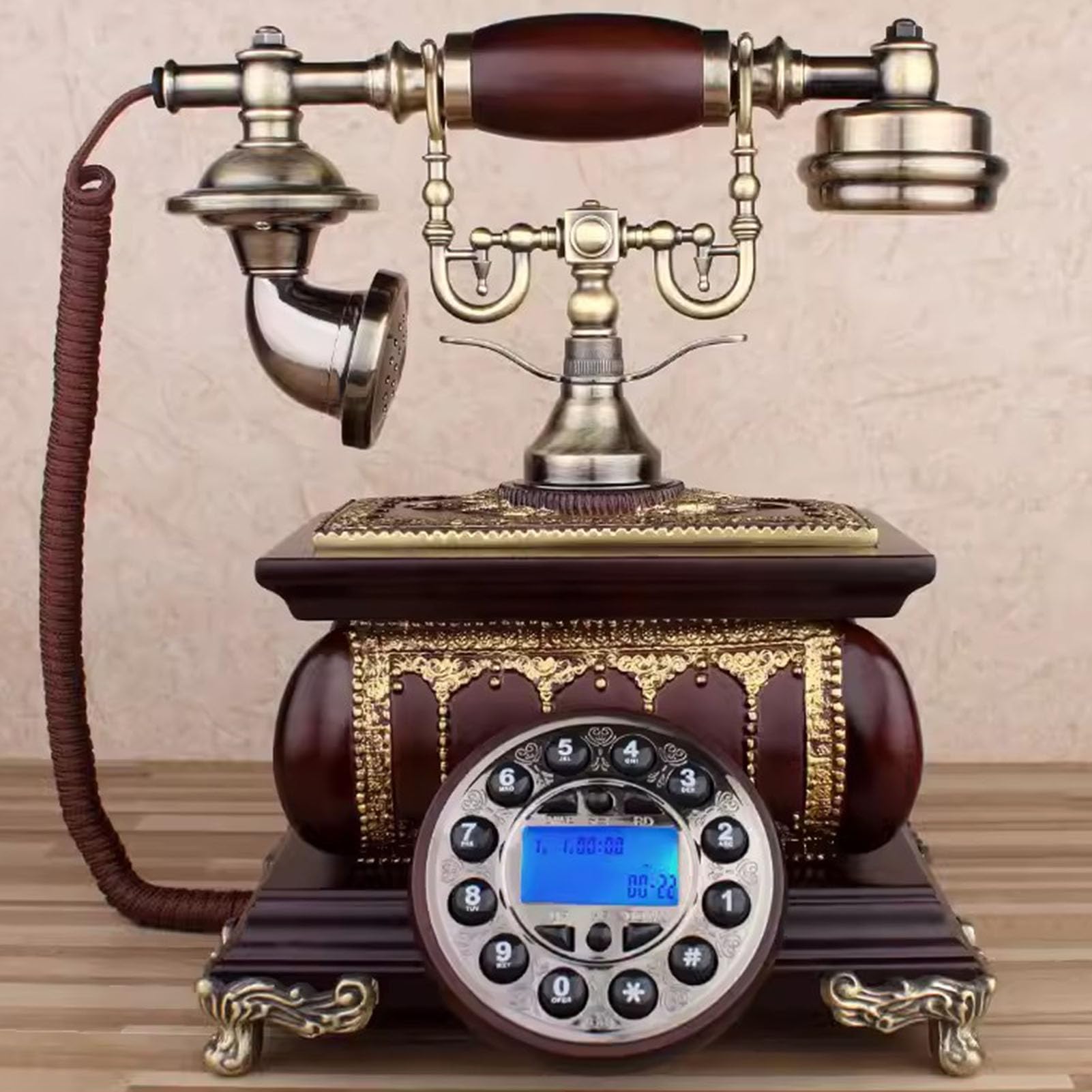 Telefono, Telefono retrò a Disco, Telefono Antico, Telefono retrò con Filo in Legno, Telefono Fisso per casa/Ufficio, Telefono da scrivania Vintage, Telefono a Pulsanti