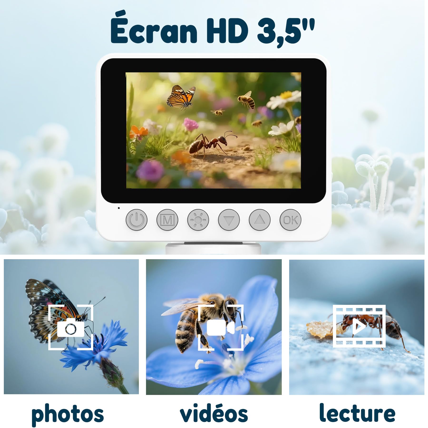 3-en-1 Microscope numérique pour Enfants, Cadeau pour Enfants à partir de 6 Ans, Utilisation Portable ou Fixe, Observation de la Nature en intérieur et en extérieur, 1000X, Carte SD 32 Go Incluse