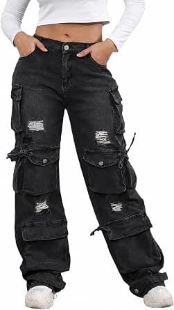 ThusFar Women's High Waist Baggy Jeans with Flap Pocket Cargo Denim Pants