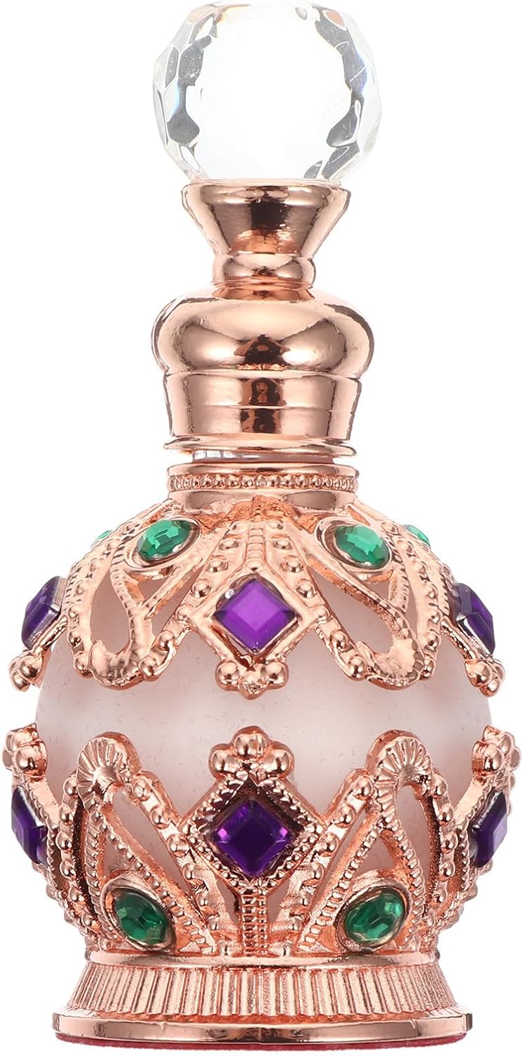 15ml Vintage Egyptian Perfume Bottle - Antique Refillable Glass Oil Bottle with Crystal Bejeweled Decor - Decorative Empty Fragrance Container for Essential & Oil