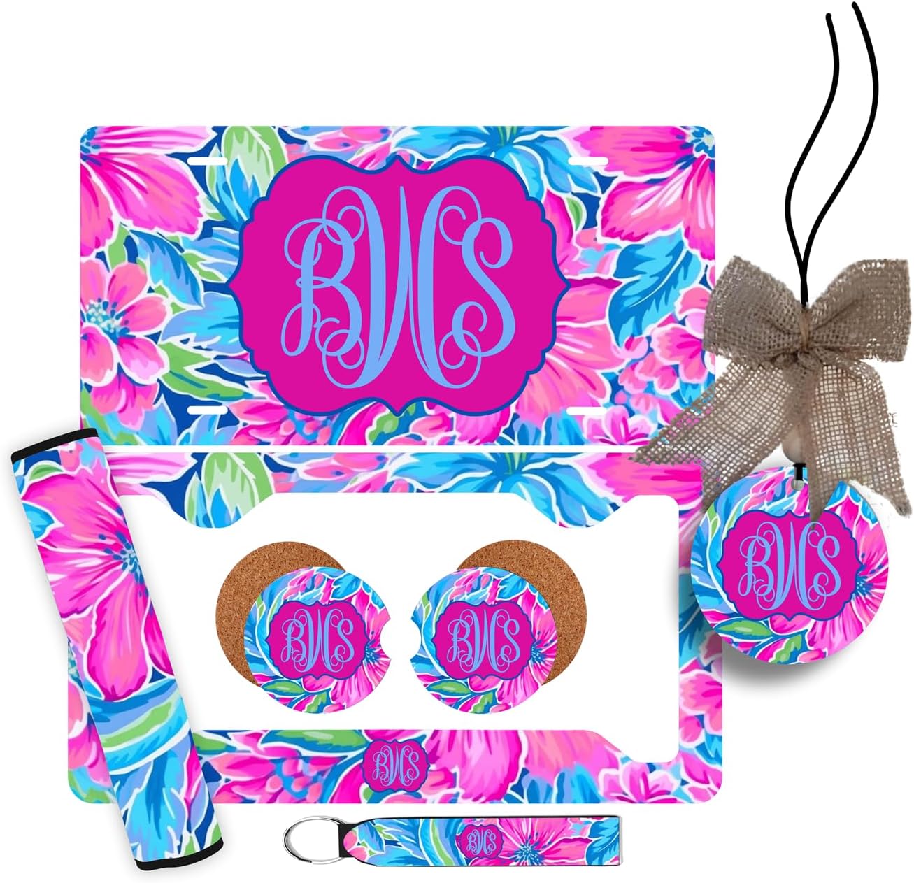 Personalized Monogram Car Accessories Pink and Blue Floral