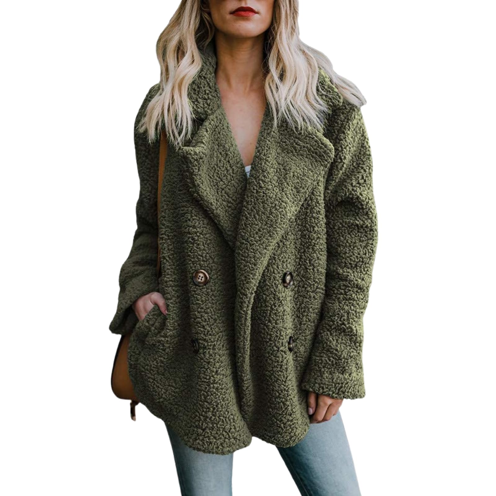Womens Faux Shearling Coat Casual Lapel Fleece Fuzzy Tops Oversized Shaggy Cardigan Outerwear with Pockets