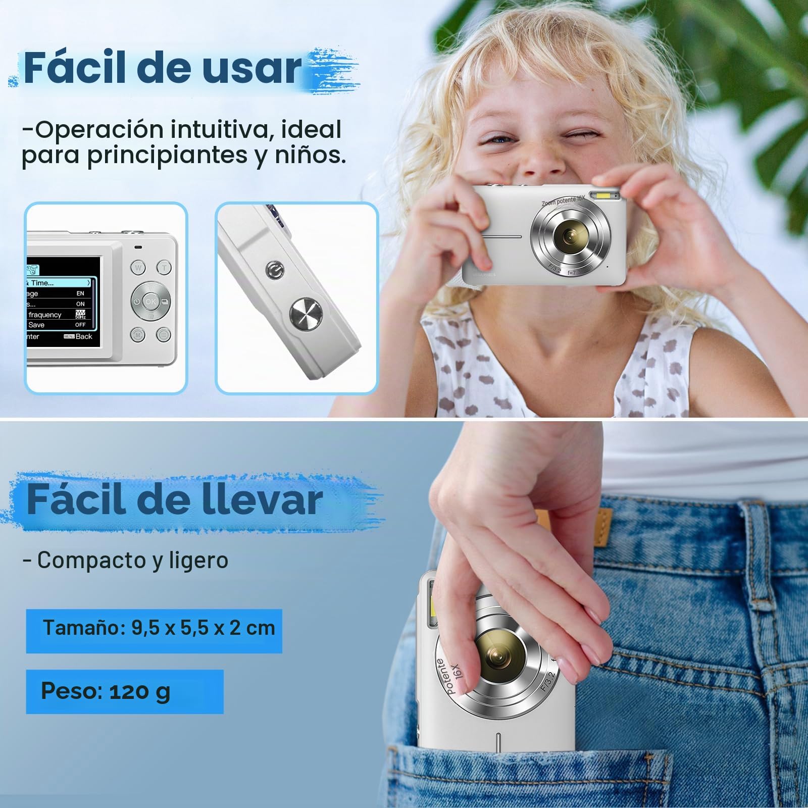 Cámara digital 1080P 44MP cámara de fotos con tarjeta de 32G 16X zoom digital cámara digital con batería portátil sencilla cámara digital para niños, estudiantes, adolescentes, principiantes, ancianos