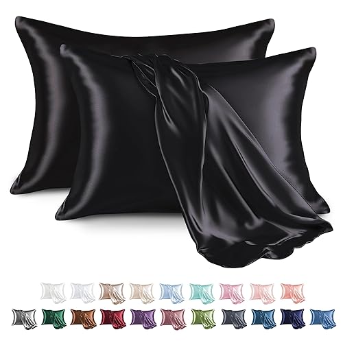 MR&HM Satin Pillowcase for Hair and Skin, Silk Satin Pillowcase 2 Pack, Queen Size Pillow Cases Set of 2, Silky Pillow Cover with Envelope Closure (20x30, Black) - 01- Black - Queen(20"x30")