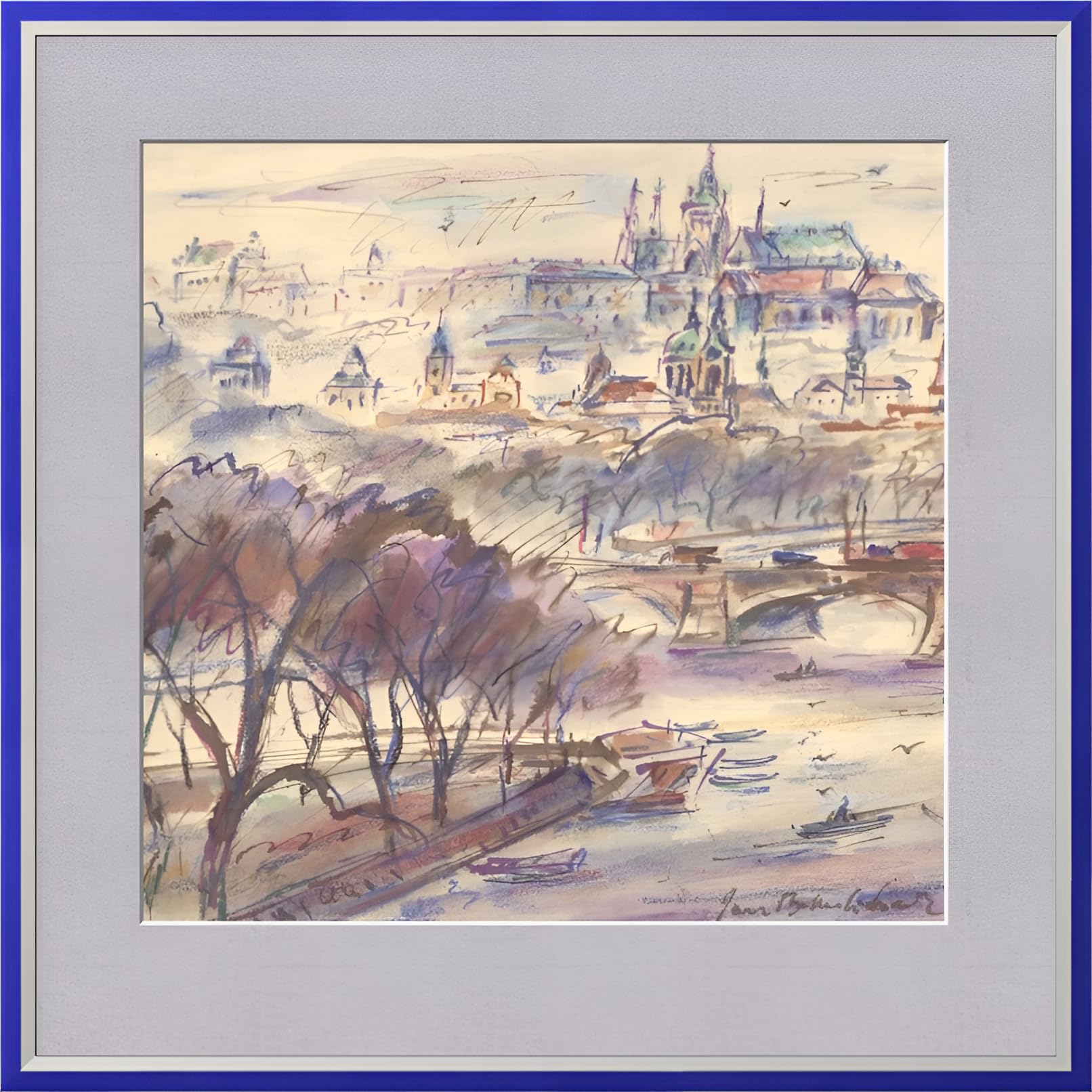 Jan B. Melichar PRAGA AQUARELL plakat | Wyspa Strzelecka i Hradczin | ręcznie robione farby akwarelowe Pragi, wyjątkowy obraz, oryginalne dzieło