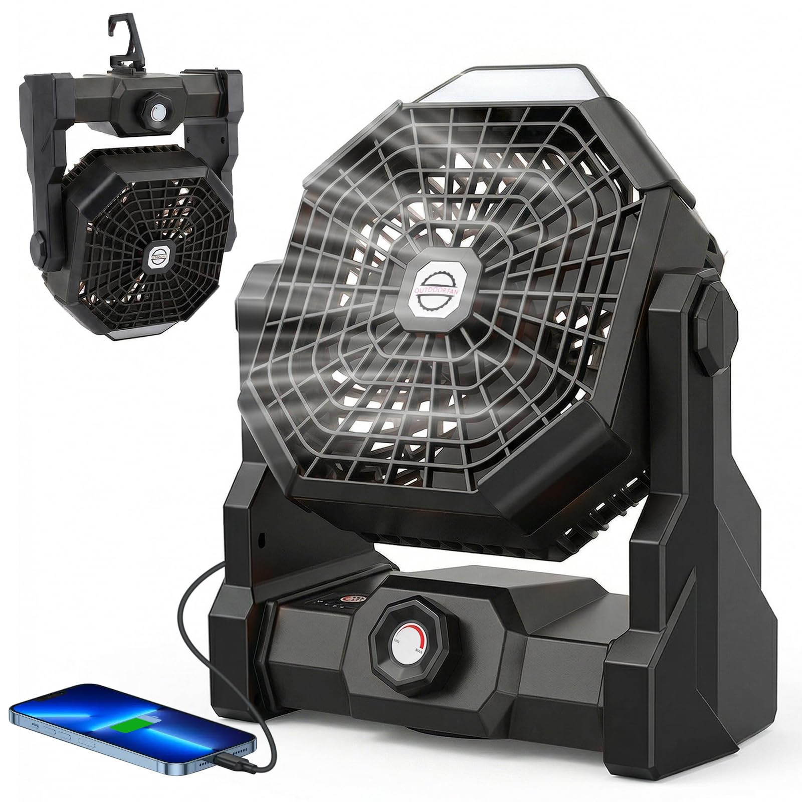 Qoosea Ventilateur de Camping Portable Tente Ventilateur 24000mAh 3 en 1 Ventilateur de Tente Extérieure avec Lumière LED de Classe 3 à 4 Vitesses pour la Pêche en Plein air de Voyage de Tente