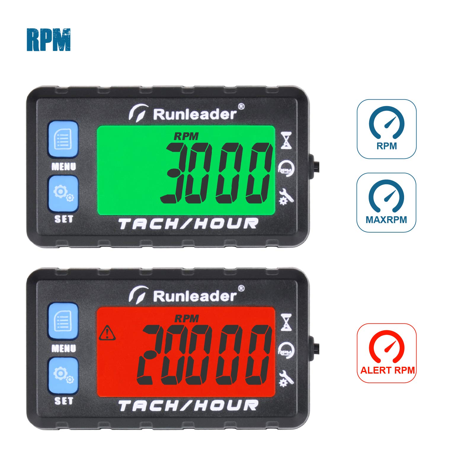 Runleader Digitaler Drehzahlmesser für kleine Motoren,größeres mehrfarbiges LCD-Display,Drehzahlwarnung, Batterie austauschbar,weiße und rote Hintergrundbeleuchtung