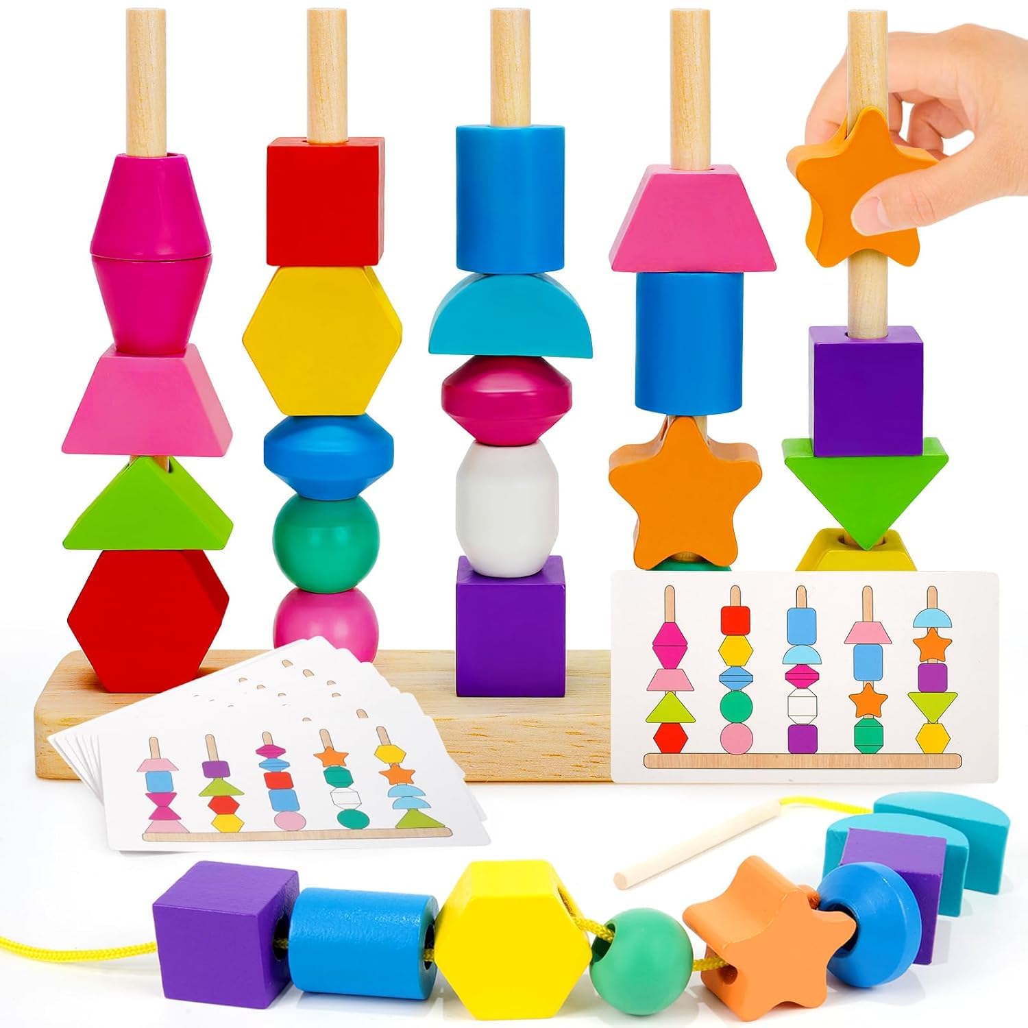 Cubelelo Drift (5 Column) Sort & Stack Puzzle with Lacing Thread & 8 Double-Sided Flash Cards | Montessori-Inspired Shape & Color Learning Educational Blocks Toy for Kids, Set Of 1