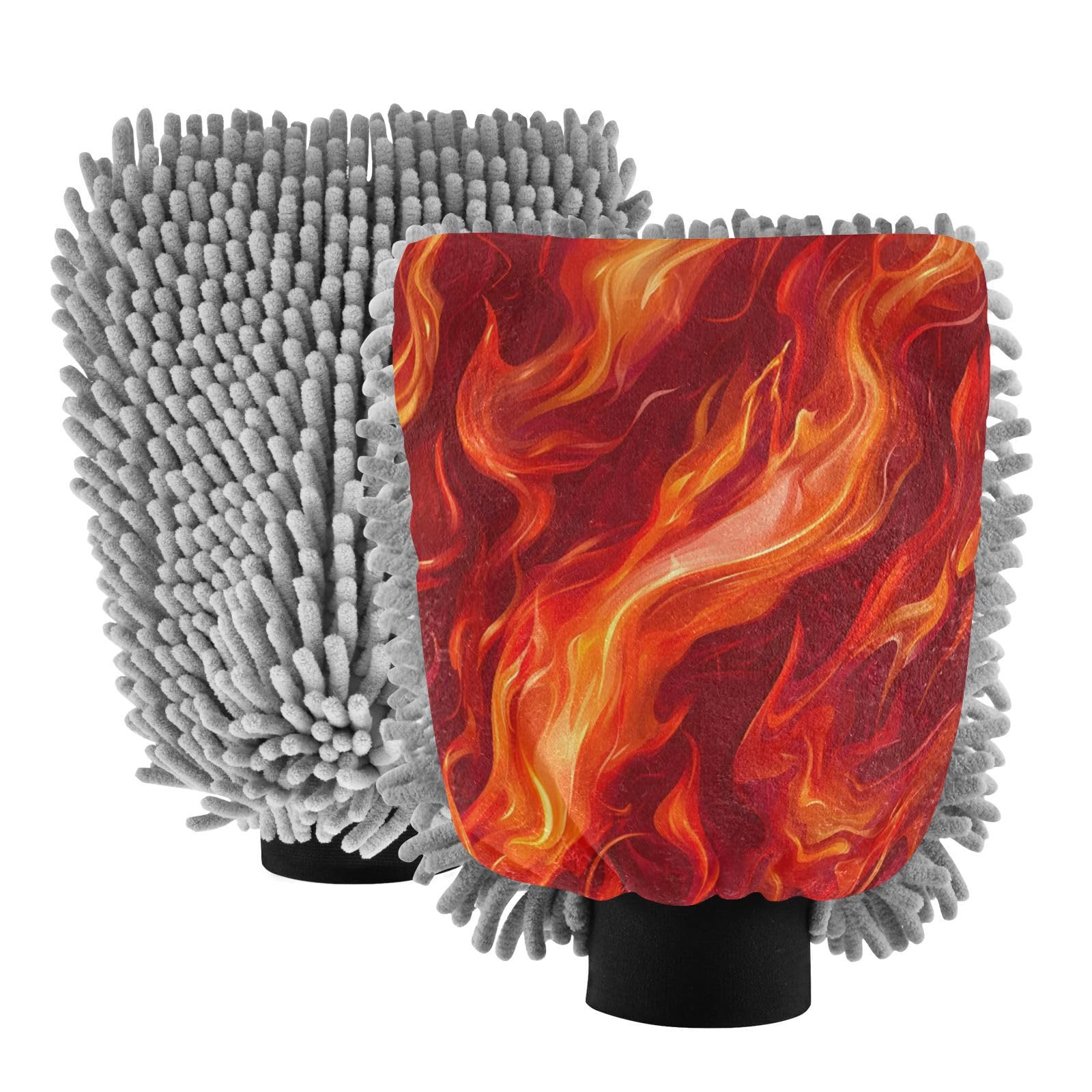 STAYTOP Orange Fire Car Wash Mitt Microfiber, 2Pcs Scratch Free Lint-Free, Premium Chenille Microfiber Mitt Car Wash Brush-M