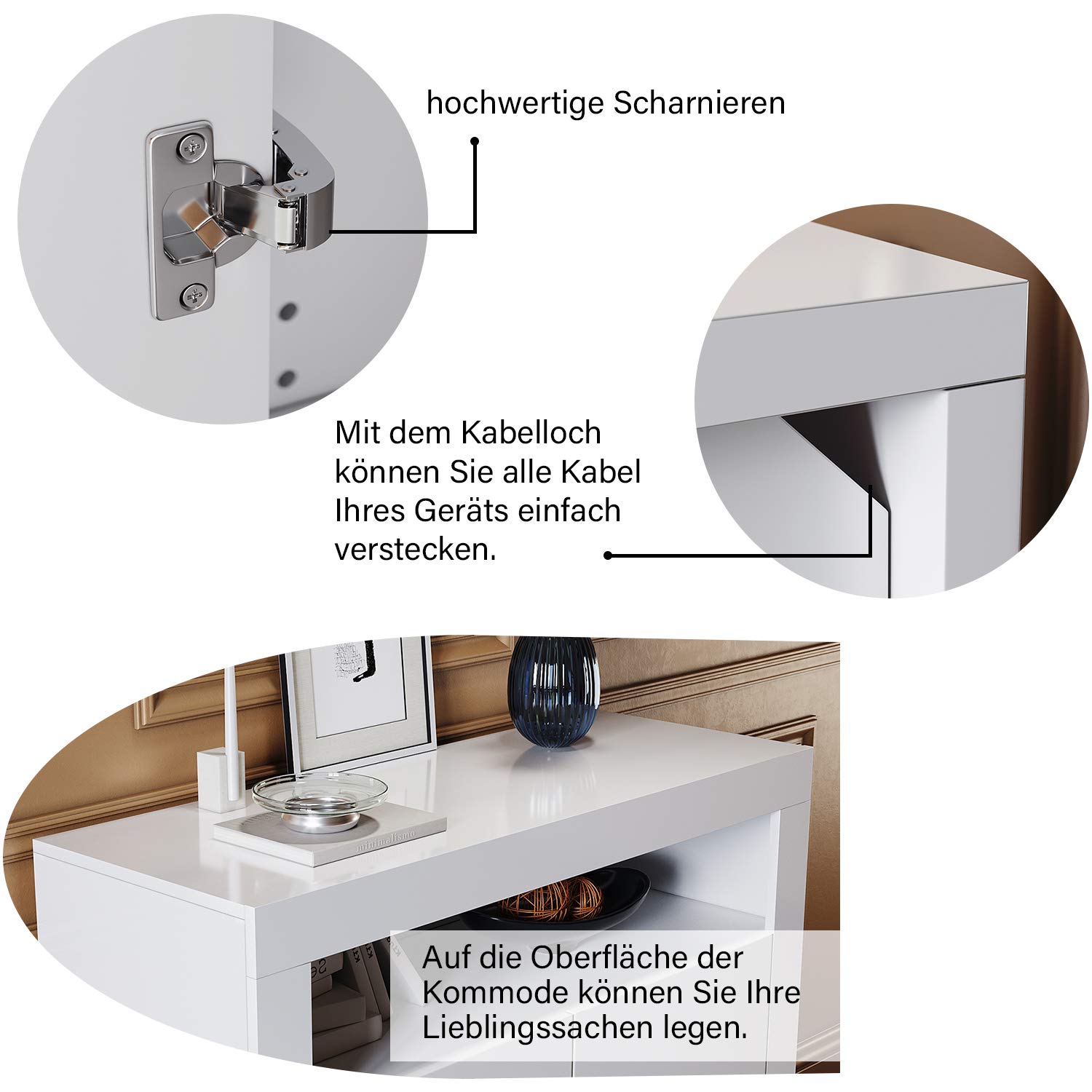 SONNI Commode, met 4 laden, 1 open laden, wit dressoir met verstelbare led, hoogglans meubelkasten, highboard 60 cm (B) x 40 cm (D) x 83 cm (H