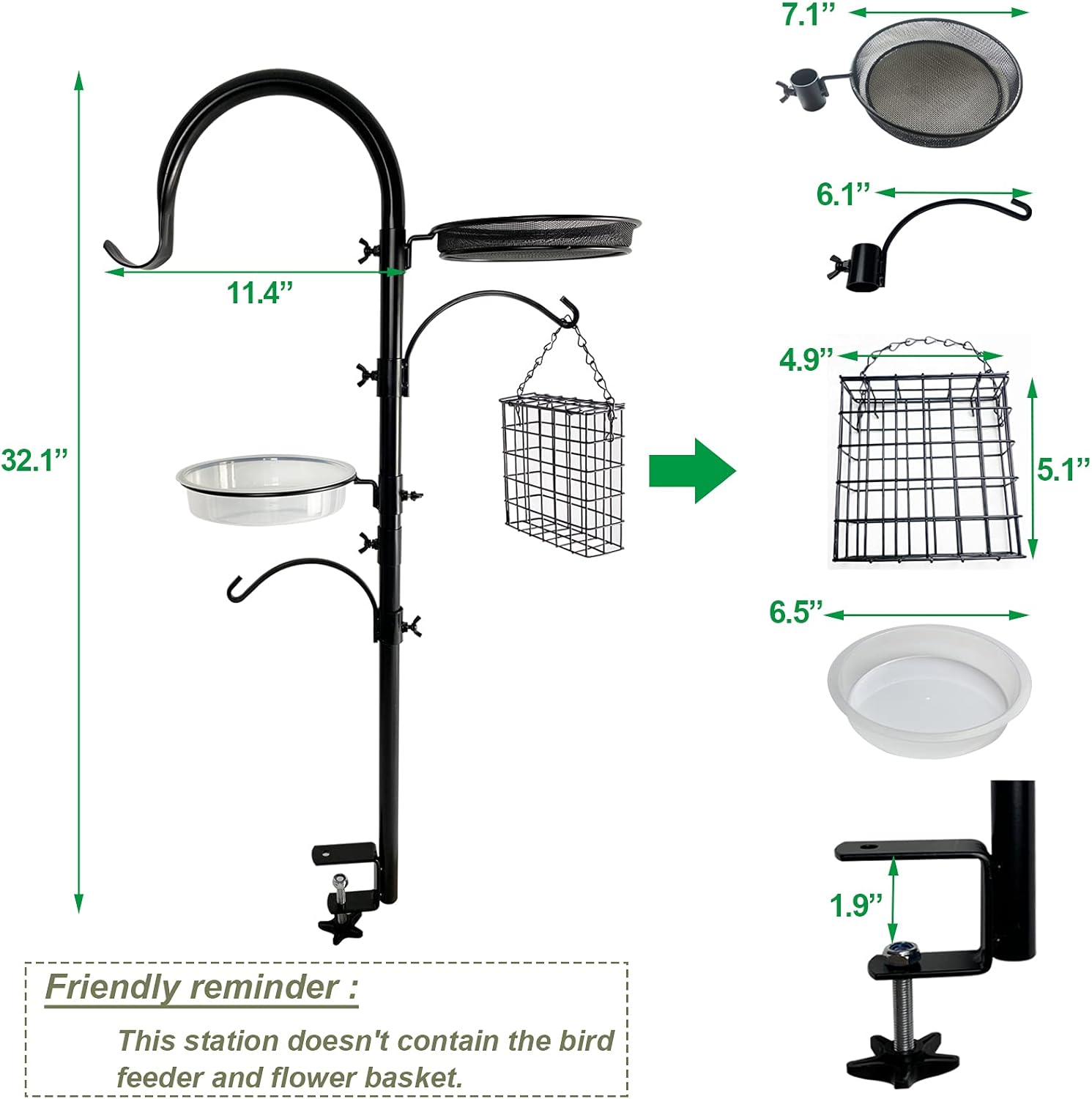 CQAIRIOU Upgraded Bird Feeding Station Kit,Deck Railing Bird Feeder Pole with 3 Hooks,Bird Bath,Mesh Tray and Suet Cage,Multi-Design Style,Used for Balcony Bird Feeder&Plant Hanger : Patio, Lawn & Garden