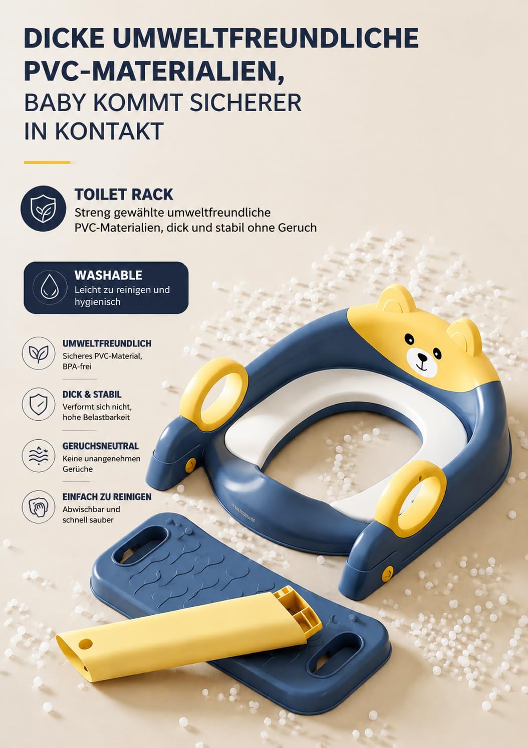 Toilettentrainer für Kinder für Jungen und Mädchen, 2 in 1 Kind Toilettensitz mit Treppe, Spritz und Rutschfestes Trittbrett, 6-stufig höhenverstellbar, PP/TPR/PVC Material，54 x 35 x 20 cm (Blau Gelb)