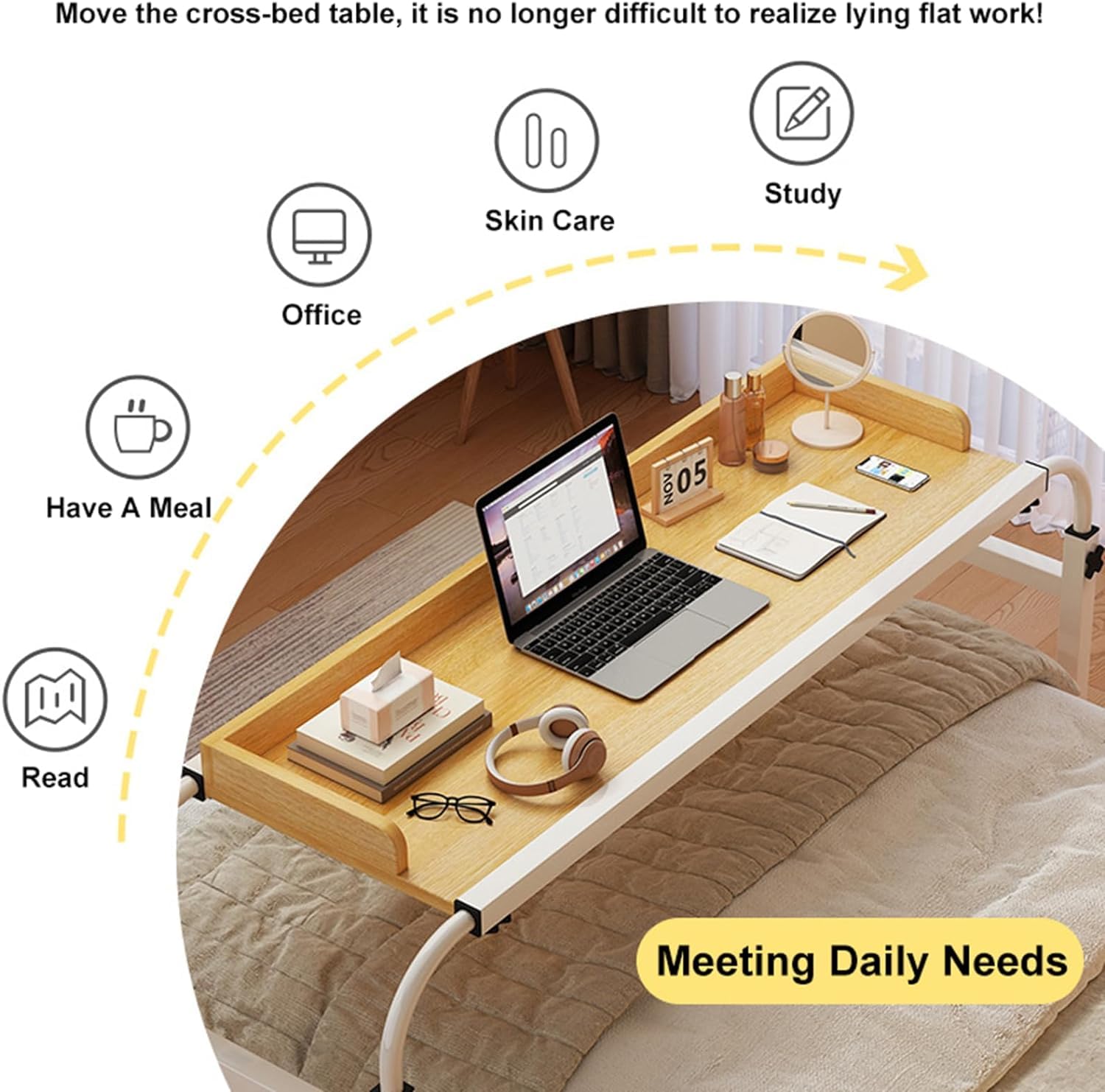 Mesa Auxiliar móvil con Ruedas para Cama, Escritorio de Altura Ajustable para Oficina, Dormitorio o Sala de Estar - Tablero Extensible y Multifuncional, Carrito de Longitud ajustab