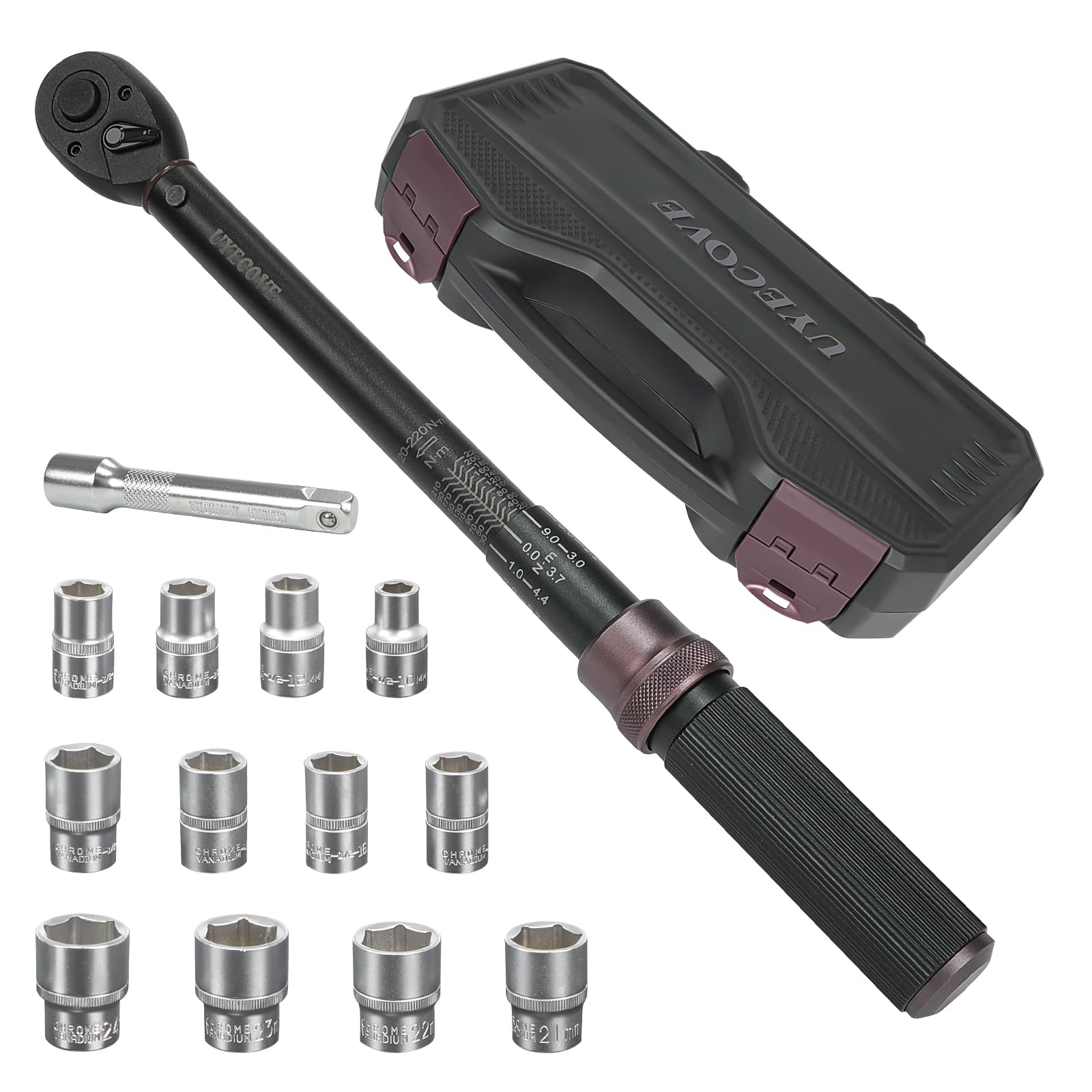 1/2" Drive Torque Wrench Set 14pcs 20-220Nm Bike Torque Wrench, 72 Tooth for Suitable for car and Motorcycle Maintenance