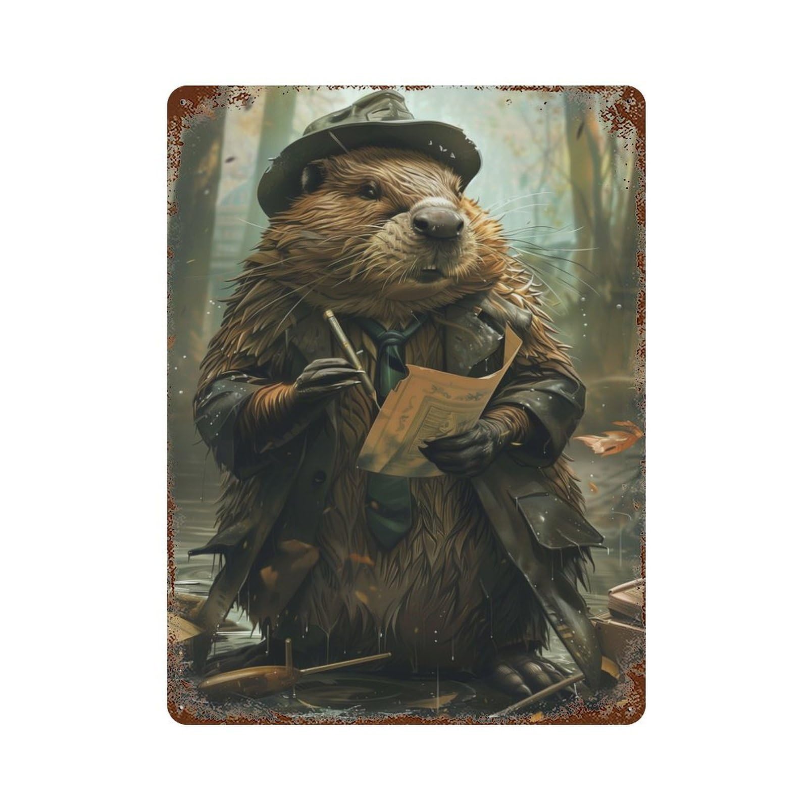 Beaver Detective Wildlife Distressed Metal Wall Sign 15.7"x11.8", Industrial Home Decor for Garage, Pub Or Kitchen