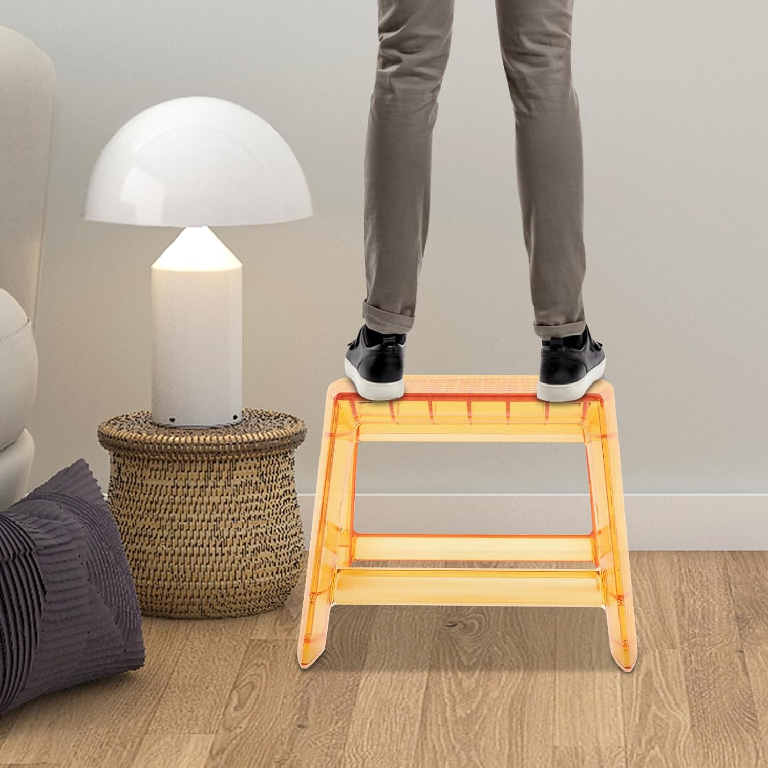 Acrylic Folding Protable Step Ladder Clear Orange Step Stools for Adults, 15.4'' Foldable Stool for Indoor & Outdoor, Kitchen, Library, Office