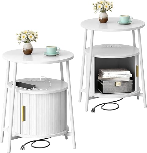 Miniatura 9 de Mesas auxiliares con almacenamiento, mesita de noche acanalada con estación de carga, pequeñas mesas de noche modernas de mediados de siglo, mesa