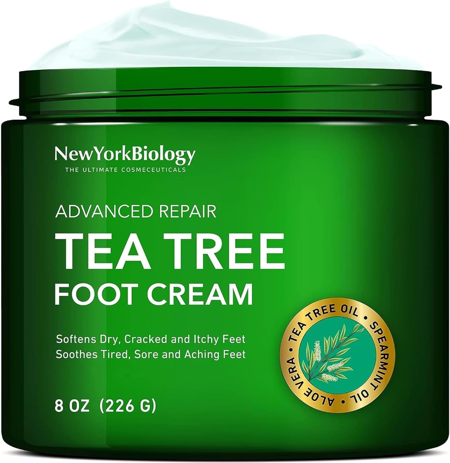 New York Biology Tea Tree Oil Foot Cream for Dry Cracked Feet, Athletes Foot, Nail Fungus, Jock Itch, Ringworm, Cracked Heels and Itchy Skin - Foot Cream - 8 oz - Pack of 1