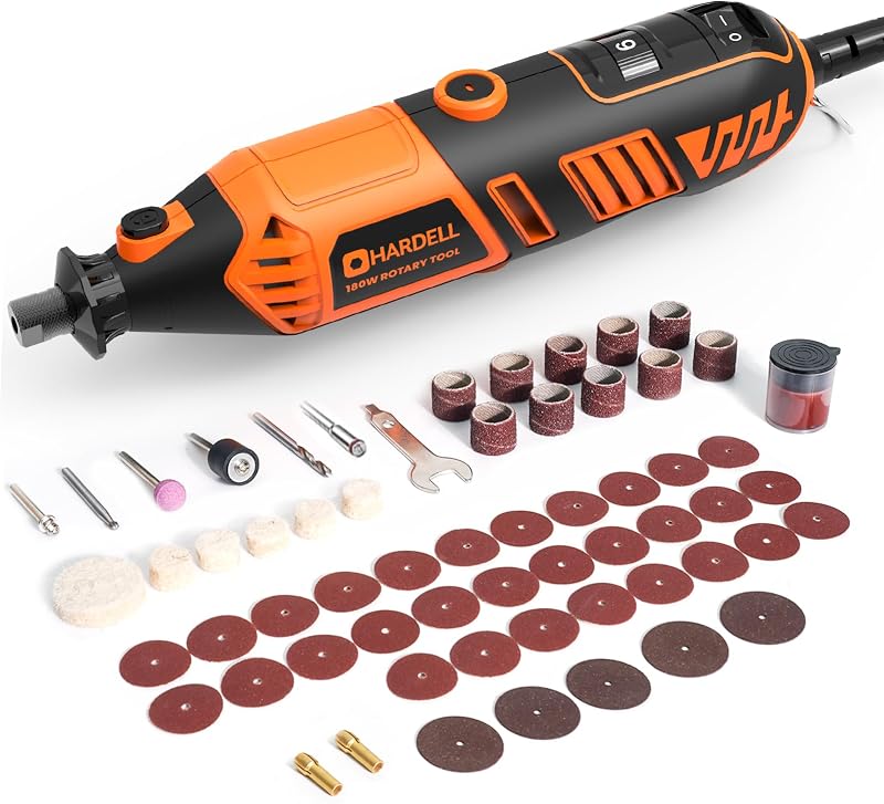 HARDELL Kit de herramientas rotativas con cable de 180 W, 8000-35000 RPM 61 accesorios para bricolaje | Potente kit de herramientas rotativas de 180 W para cortar, lijar, esmerilar, pulir, grabar y taladrar