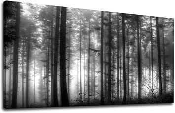 Foggy Forest Canvas Wall Art Black and White Woods Large Canvas Picture Modern Landscape Artwork Big Trees Contemporary Nature Pictures for Living Room Bedroom Home Office Kitchen Wall Decor 24" x 48"