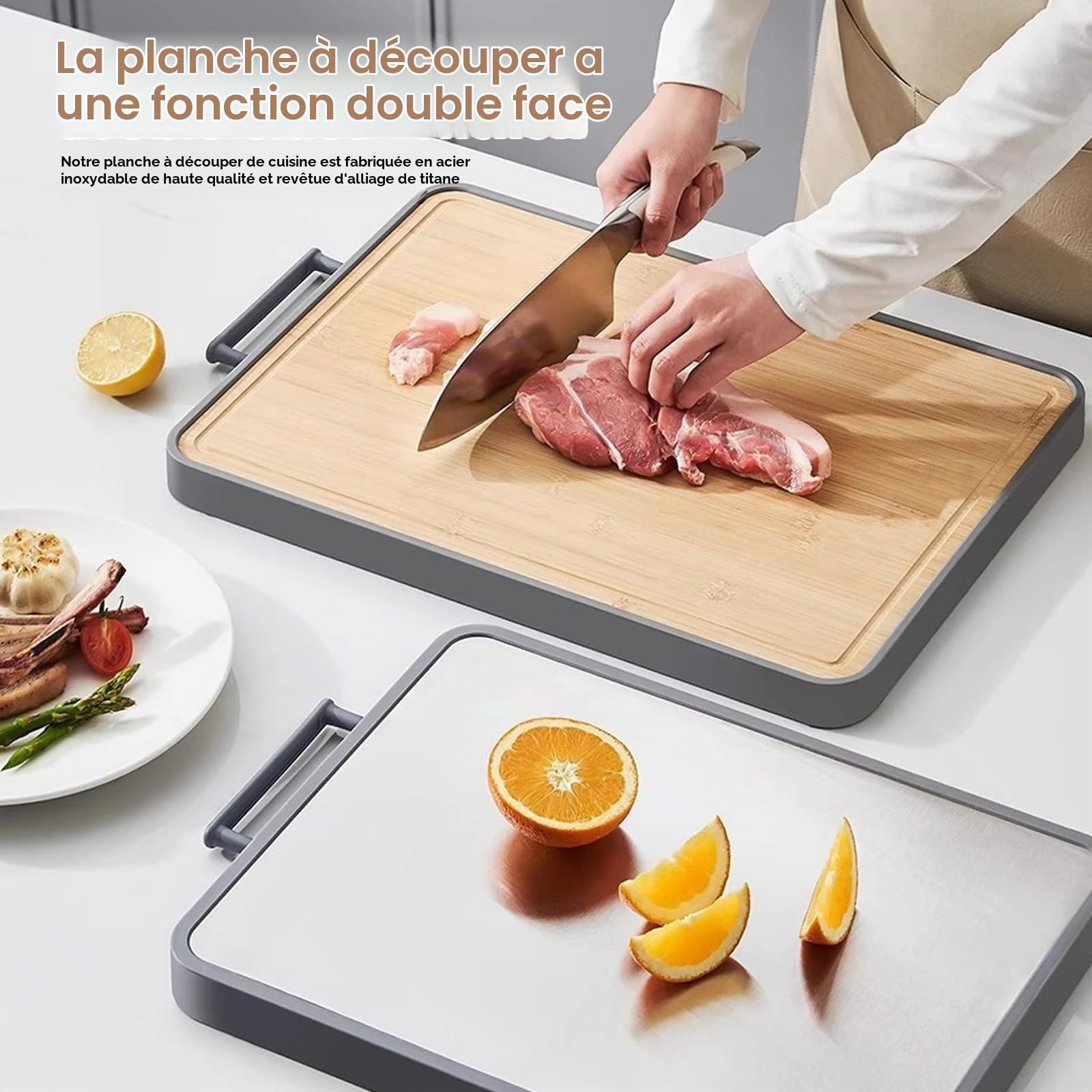 Planches à découper pour la cuisine - Planche à découper en titane - Planche à découper en acier inoxydable - Planche à découper double face - Avec rainure à jus - Antidérapantes - Antiadhésives et