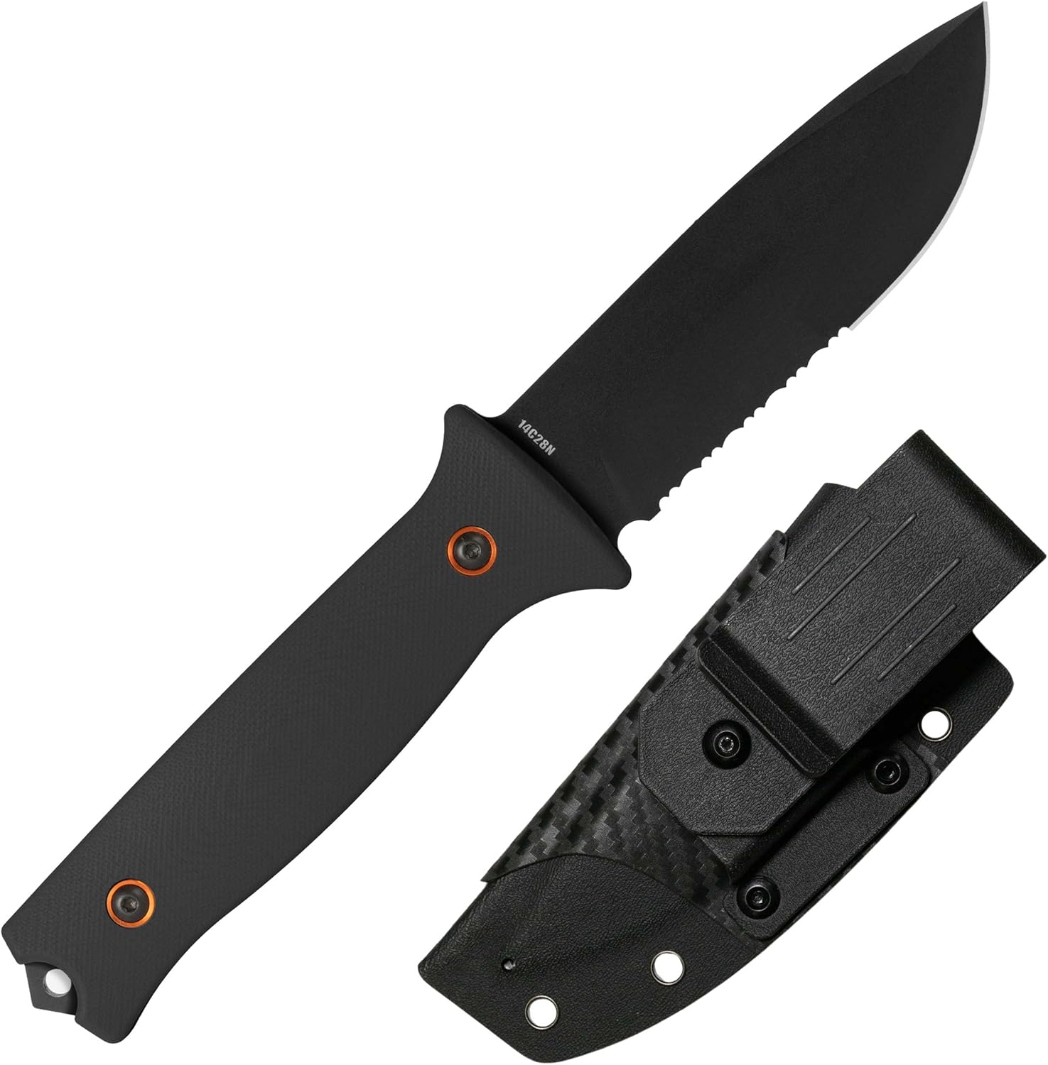 704 Gear Rogue Fixed Blade Knife | Serrated 4.5 inch 14C28N Steel Full Tang Blade, Textured G10 Handle, and Kydex Sheath with Carrying Clip | Black