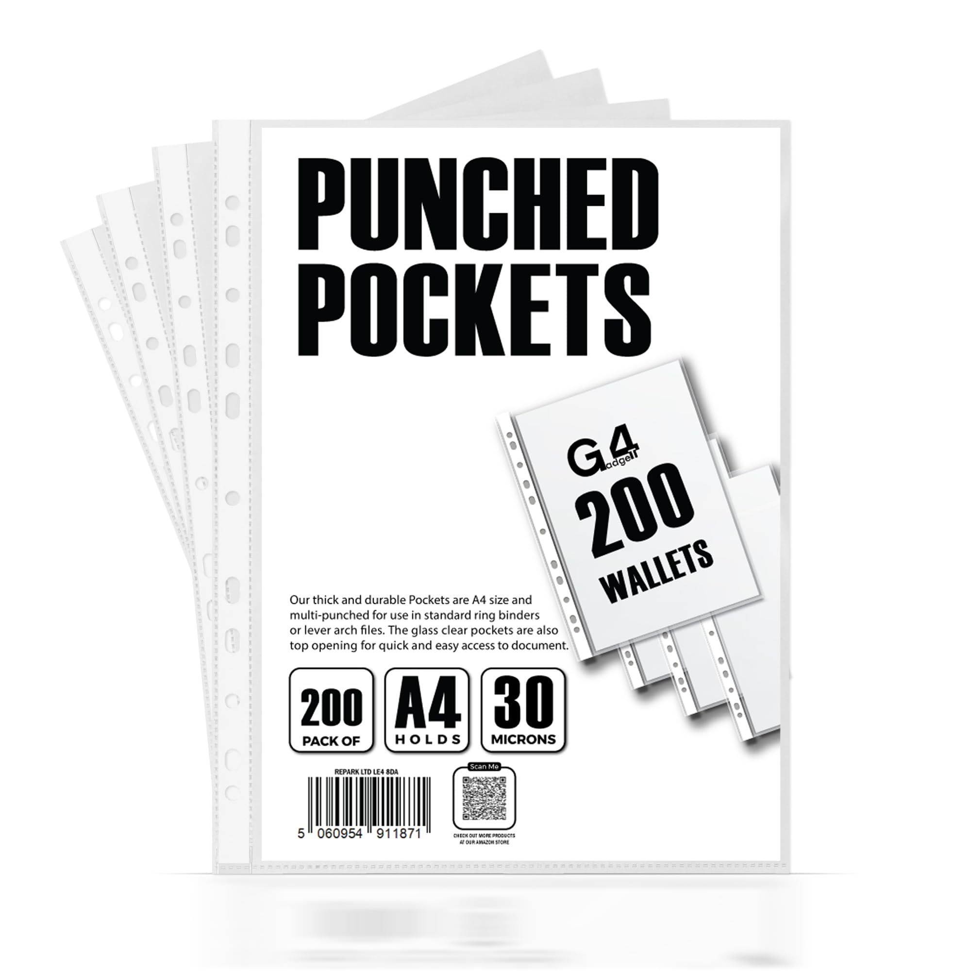 200 Pcs A4 Plastic Punched Punch Pockets 30 Micron for Folders Filing Wallets Sleeves