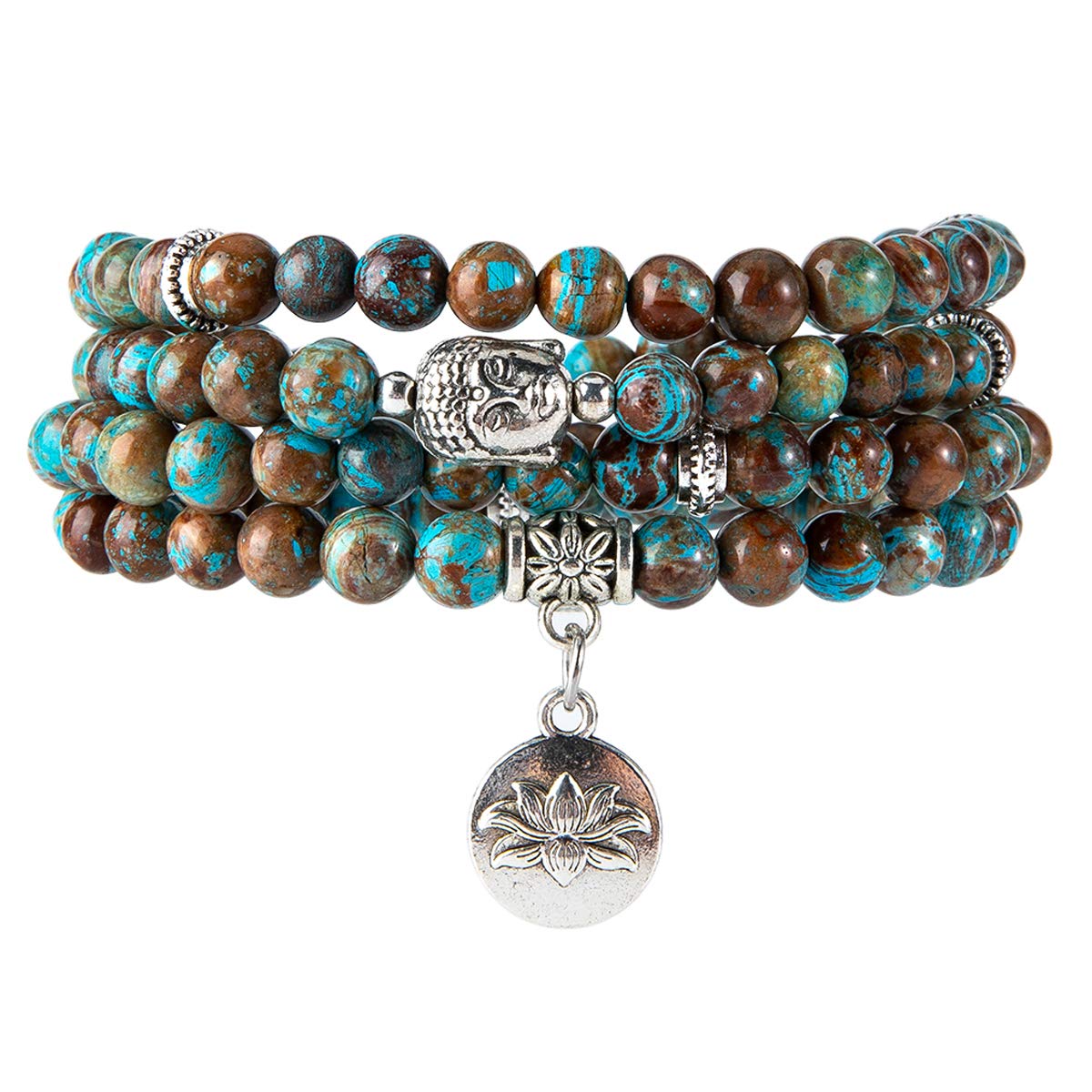 Bivei 108 Mala Beads Necklace Long Beaded Wrap Bracelets Genuine Gemstone Mala Prayer Beads Lotus Buddha Charm Yoga Meditation Necklace