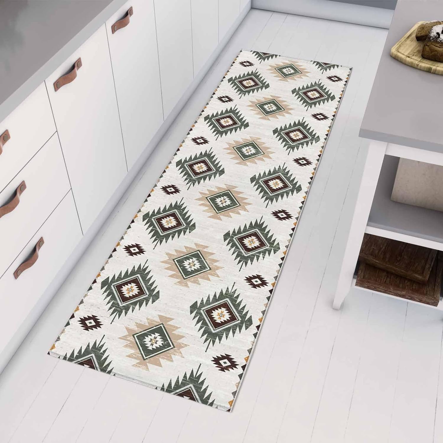 Teamery Kitchen Mats for Floor Aztec Southwest Green Geometric Washable Non Slip Kitchen Rugs 1PCS, Vintage Southwest Wind Absorbent Standing Mats for Sink Bathroom Office Living Room 23.6x70.9in