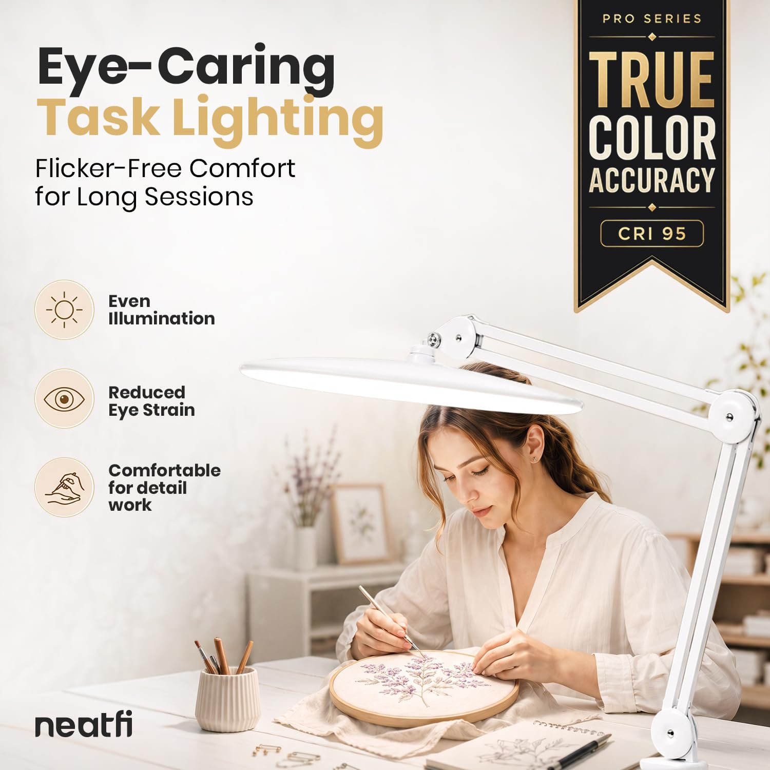 Neatfi Pro Series lampa biurkowa LED – wierne odwzorowanie barw (CRI 95) | 2200 lumenów, 24W | Profesjonalne oświetlenie dla artystów, rękodzielników oraz do domu i biura (Biały, Bez CCT z zaciskiem)