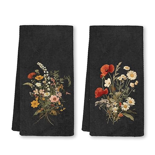 Boho Floral Botanical Kitchen Towels, Nature Dark Cottagecore Moody Floral