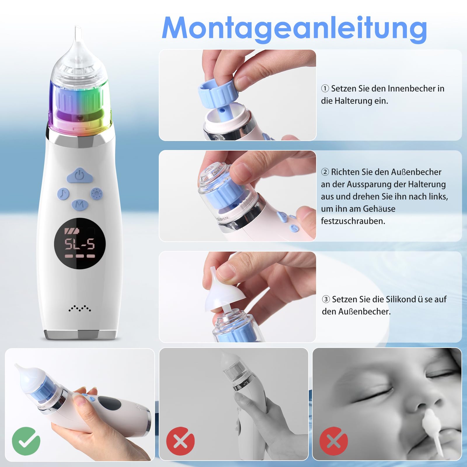 Elektrischer Nasensauger für Babys, Wiederaufladbarer Babynasenreiniger mit 5 Einstellbaren Saugstufen, 3 Silikonaufsätzen, Musikfunktion und Bunten Lichtern, Geeignet für Babys und Kleinkinder