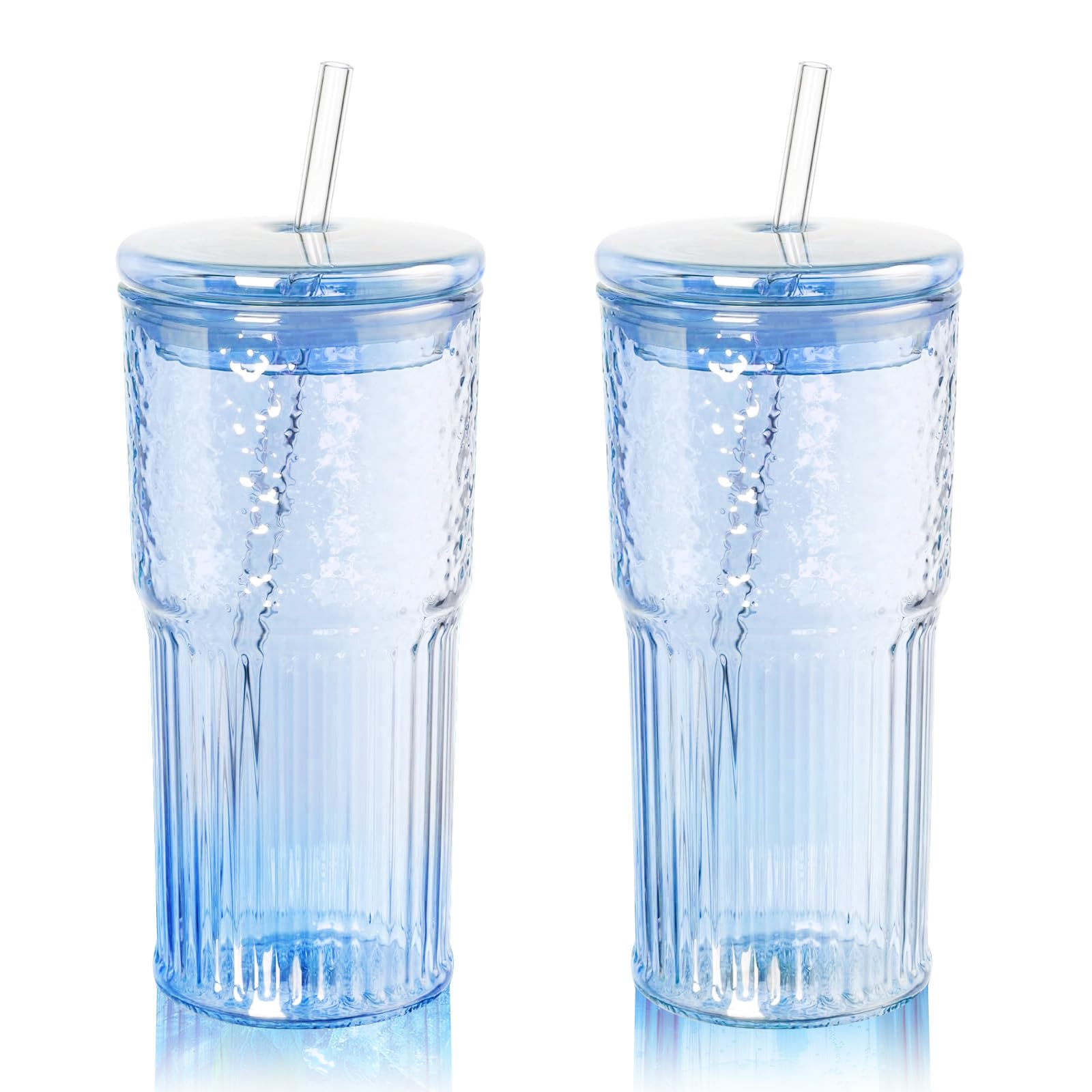 KOOSREEL Iced Coffee Cup, 2 Pack 20Oz/600ml Clear Glasses Cups with Lids and Glass Straws Drinking Glasses for Milk, Ice Water, Juice, Coffee, Soda,Cocktail,Cold or Hot Drinks