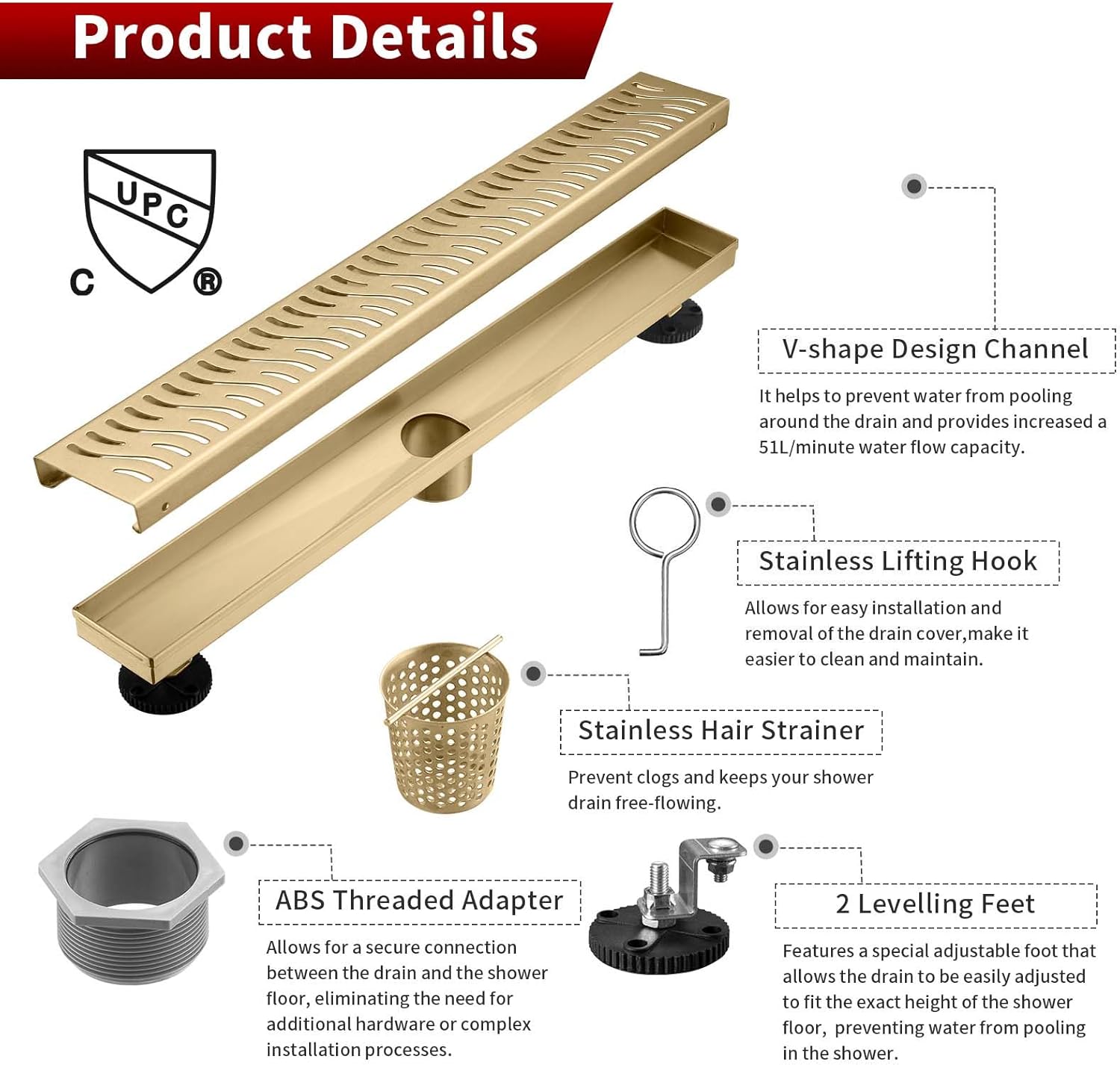 Sharp-tec Linear Shower Drain, 28inch Shower Drain with Removable Pattern Cover, Brushed Gold 304 Stainless Steel Rectangle Floor Drain, Adjustable Feet and Hair Strainer Included