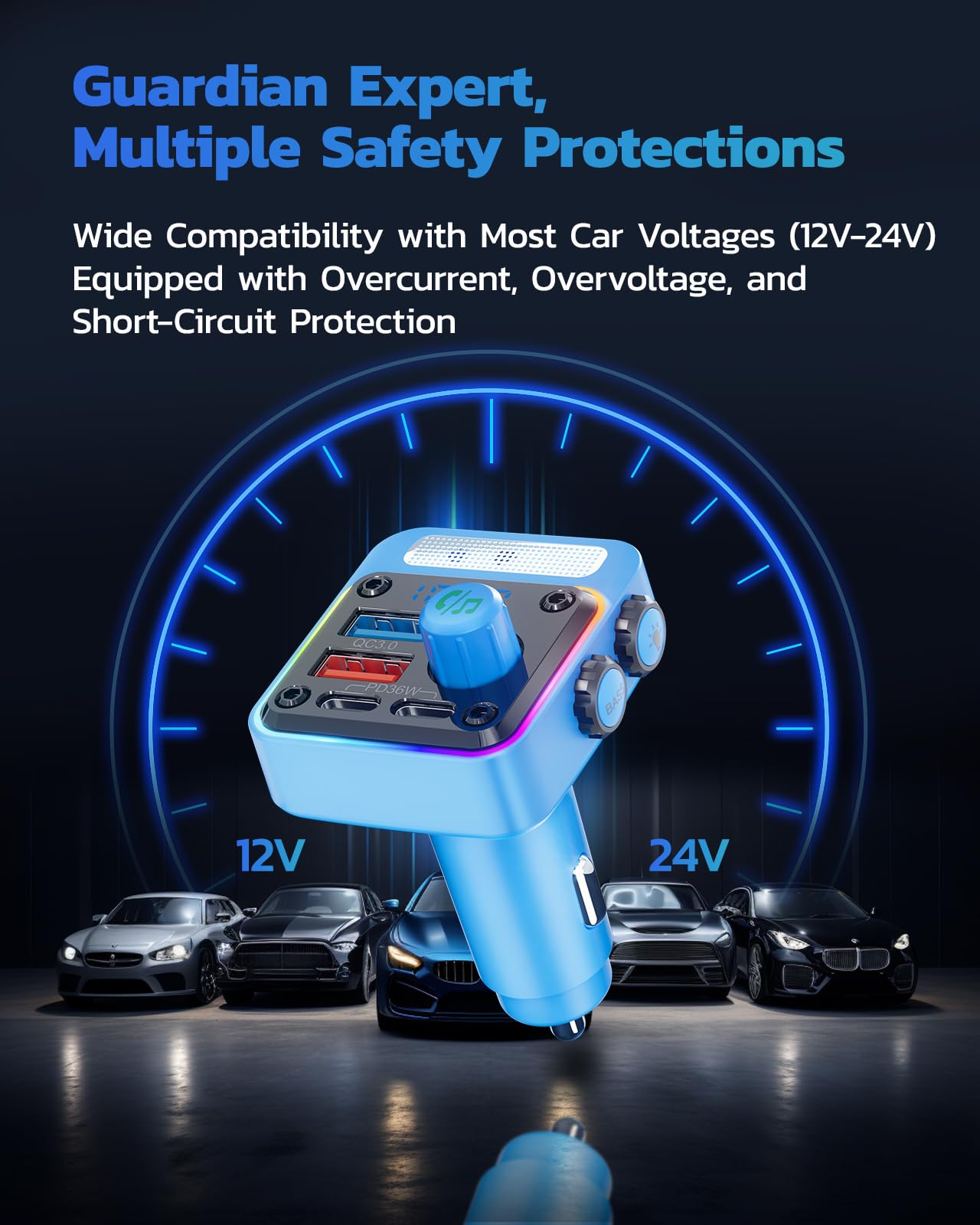 NULAXY 54W Adaptateur Chargeur Allume-Cigare Bluetooth 5.3 avec 4-Port Charge Rapide[PD 36W & QC3.0 18W], Transmetteur FM avec Basses Profondes, Éclairage 5-Couleur, Appels Mains-Libres, Bleu Clair