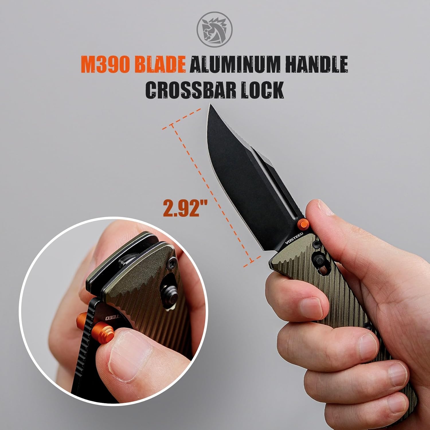 Vosteed Vombat EDC Folding Pocket Knife - 2.92" M390 Black Stonewash Bowie Blade - Crossbar Lock, Olive Green Aluminum Handle - Surviving, Camping Knives - A4102