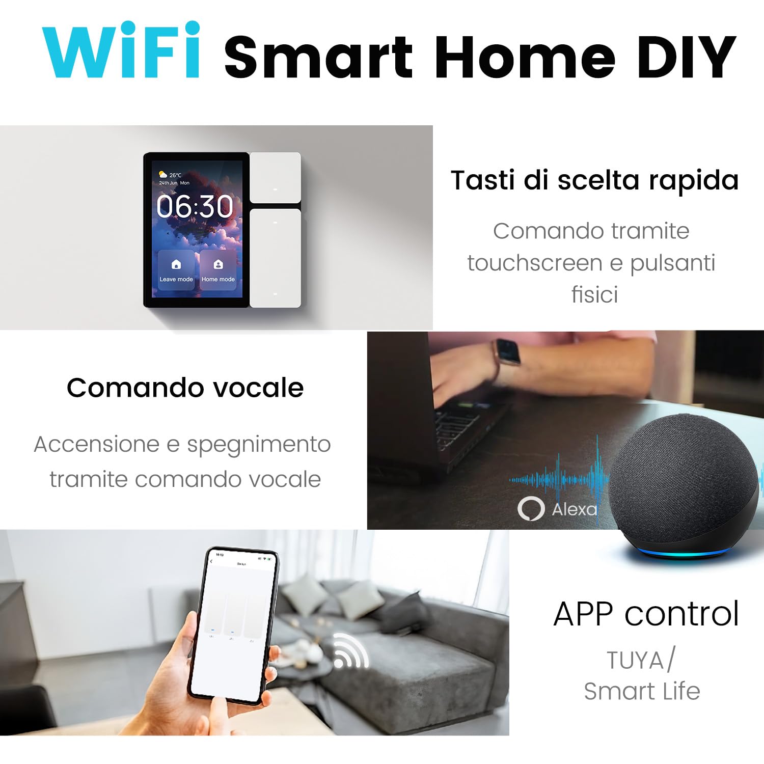 TONGOU Smart Home Pannello Controllo,3,5 pollici, Connessione WLAN, BLE Mesh Hub,IR, App Smart Life/Tuya,compatibile Alexa,tre tasti fisici,tre canali di relé