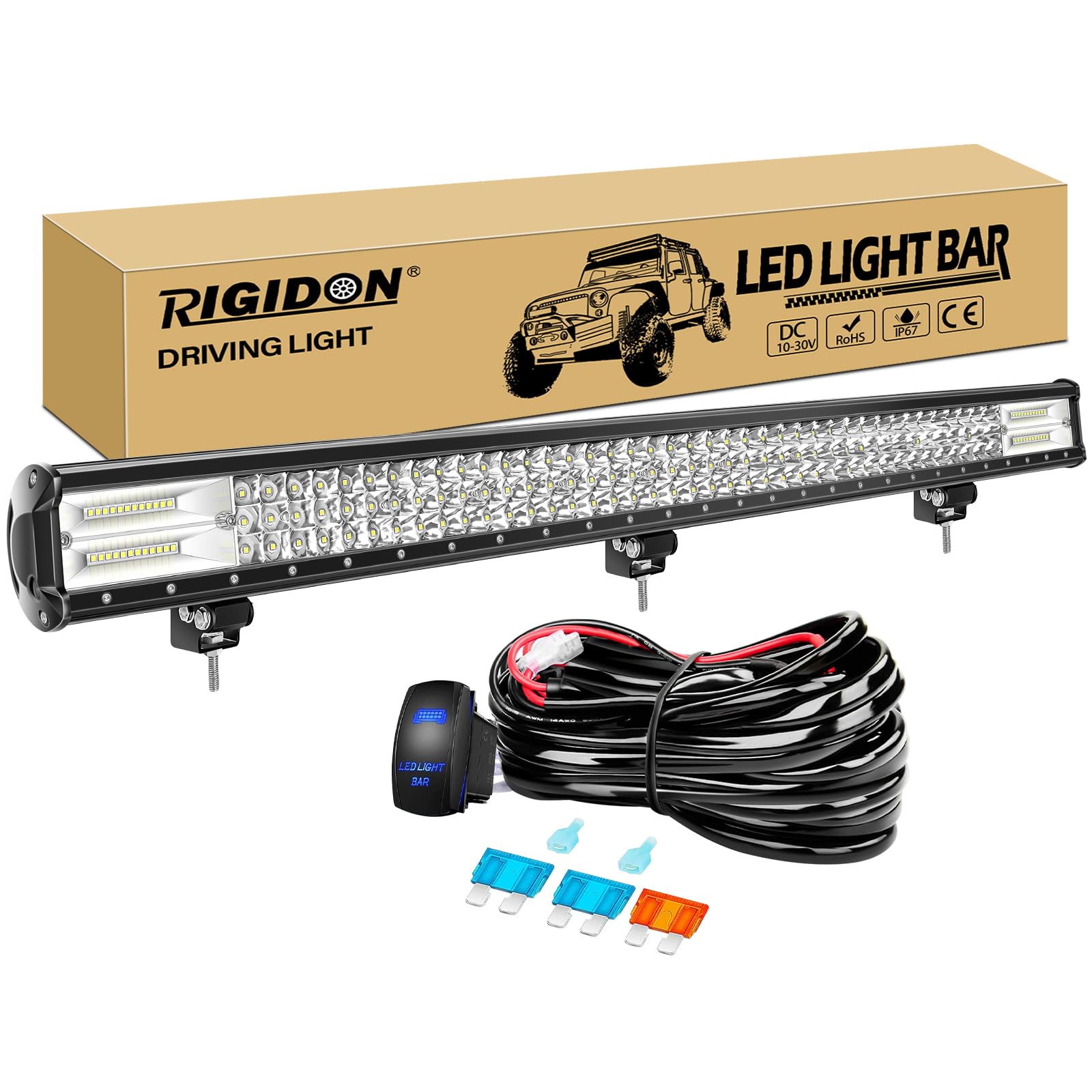RIGIDON Listwa świetlna robocza LED 114 cm 612 W z zestawem kabli wiązki przewodów 12 V, trójrzędowa lampa przeciwmgielna do samochodów terenowych, ciężarówek, SUV, ATV, 4 x 4, wiązka punktowa