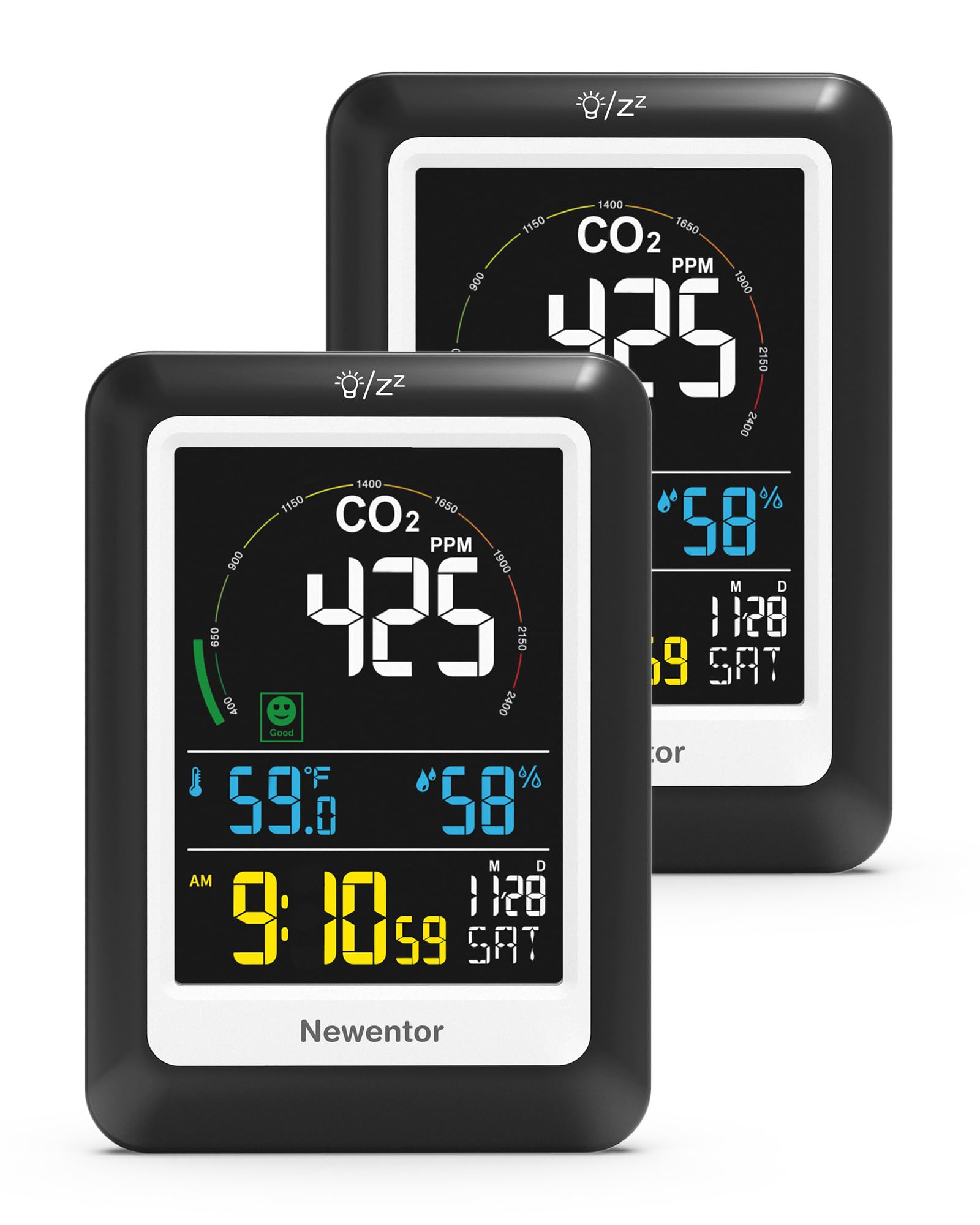 Newentor CO2 Monitor, Indoor Air Quality Meters, Carbon Dioxide Detector with Voice Alert, Large Display CO2 Tester, Temperature Humidity Sensor, Alarm Clock for Home, RV, Grow Tents, Black, 2 PCS